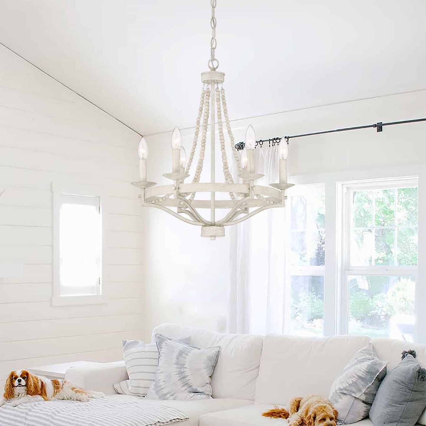 Streator Chandelier - Coastal Wood Beaded Wagon Wheel Pendant Light | Modern Farmhouse Multi-Light Chandelier