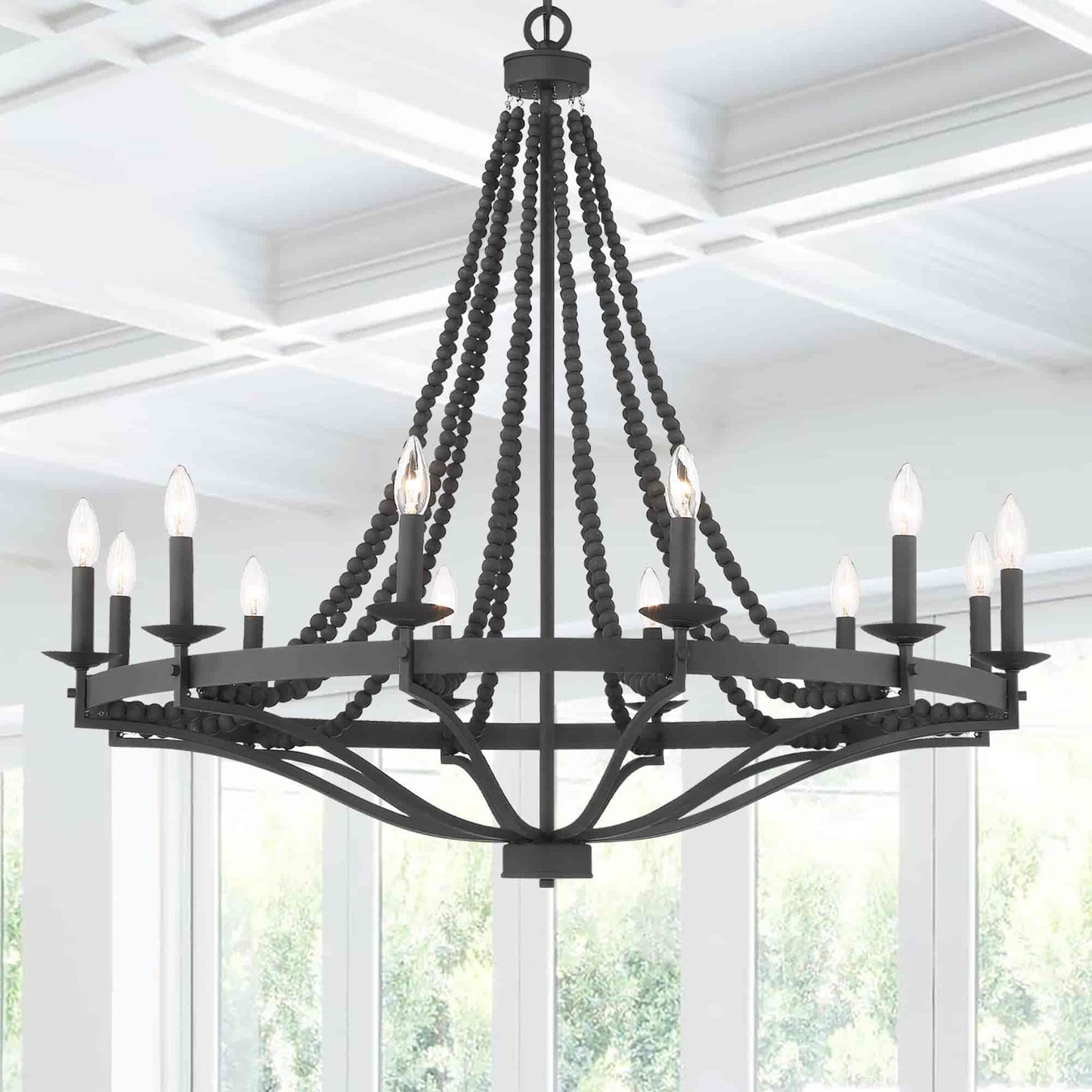Streator Chandelier - Coastal Wood Beaded Wagon Wheel Pendant Light | Modern Farmhouse Multi-Light Chandelier