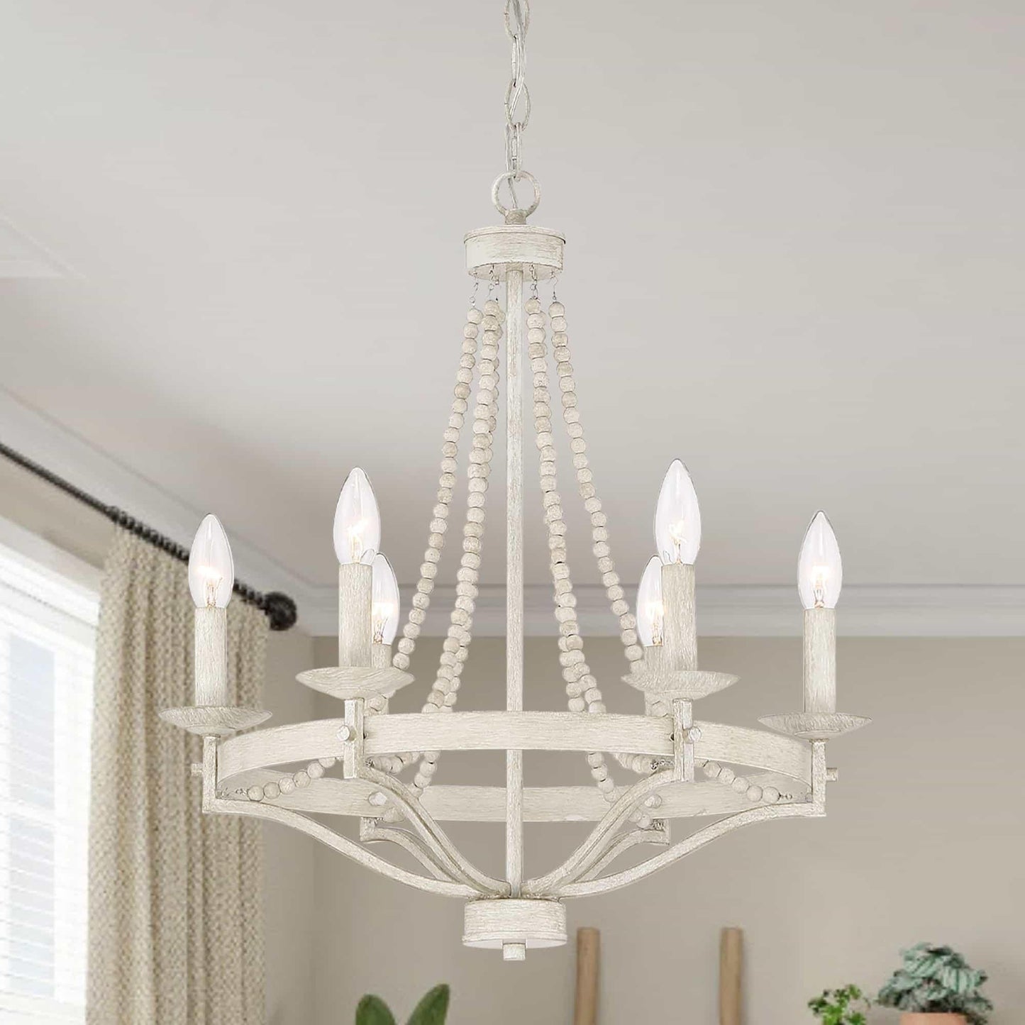 Streator Chandelier - Coastal Wood Beaded Wagon Wheel Pendant Light | Modern Farmhouse Multi-Light Chandelier