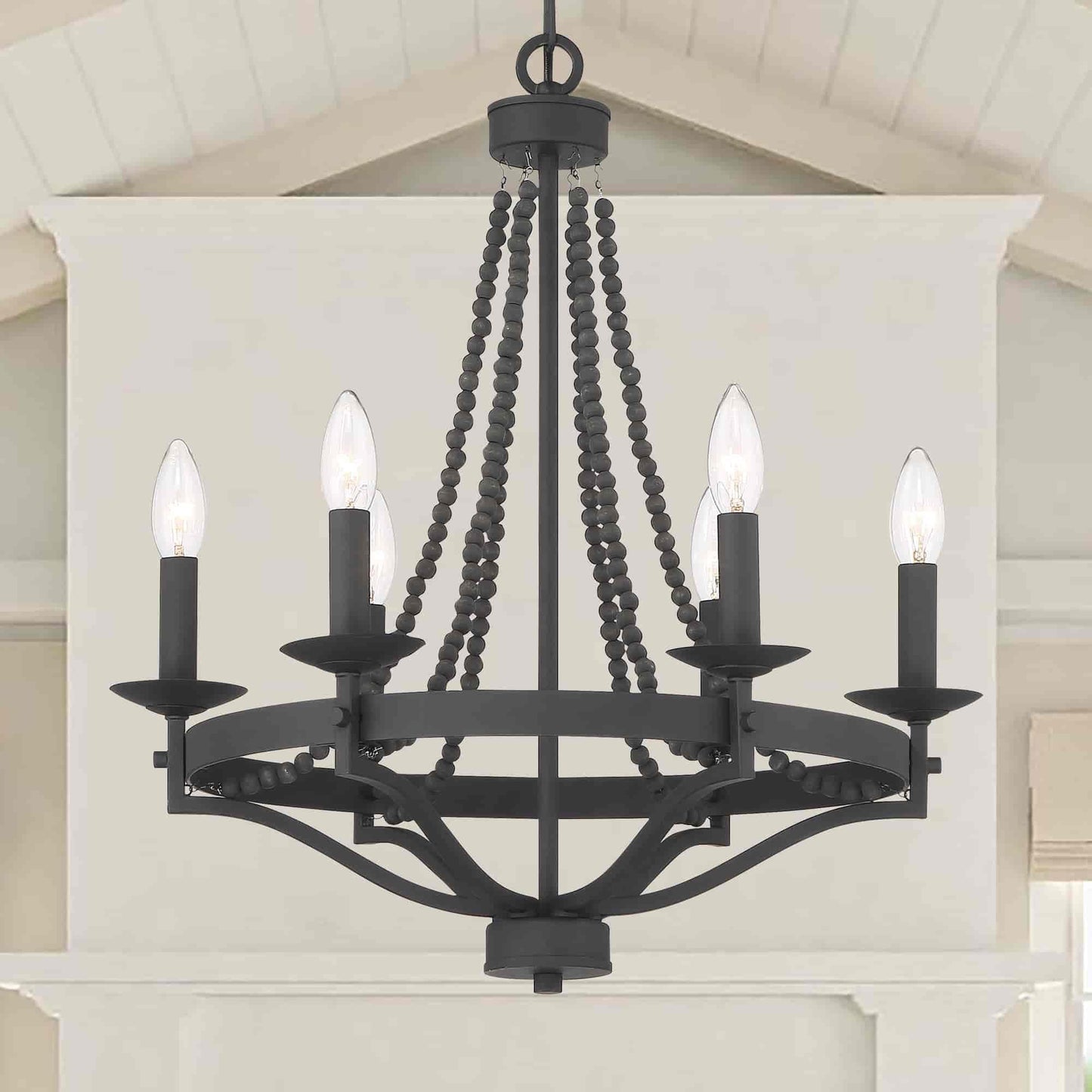 Streator Chandelier - Coastal Wood Beaded Wagon Wheel Pendant Light | Modern Farmhouse Multi-Light Chandelier