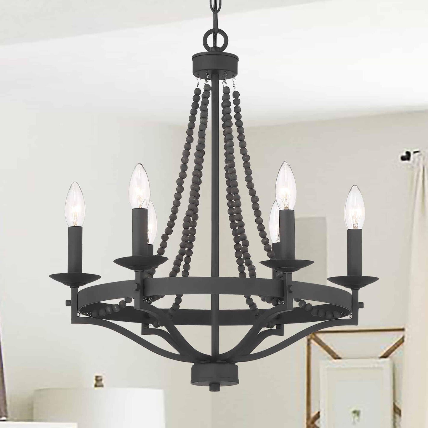 Streator Chandelier - Coastal Wood Beaded Wagon Wheel Pendant Light | Modern Farmhouse Multi-Light Chandelier