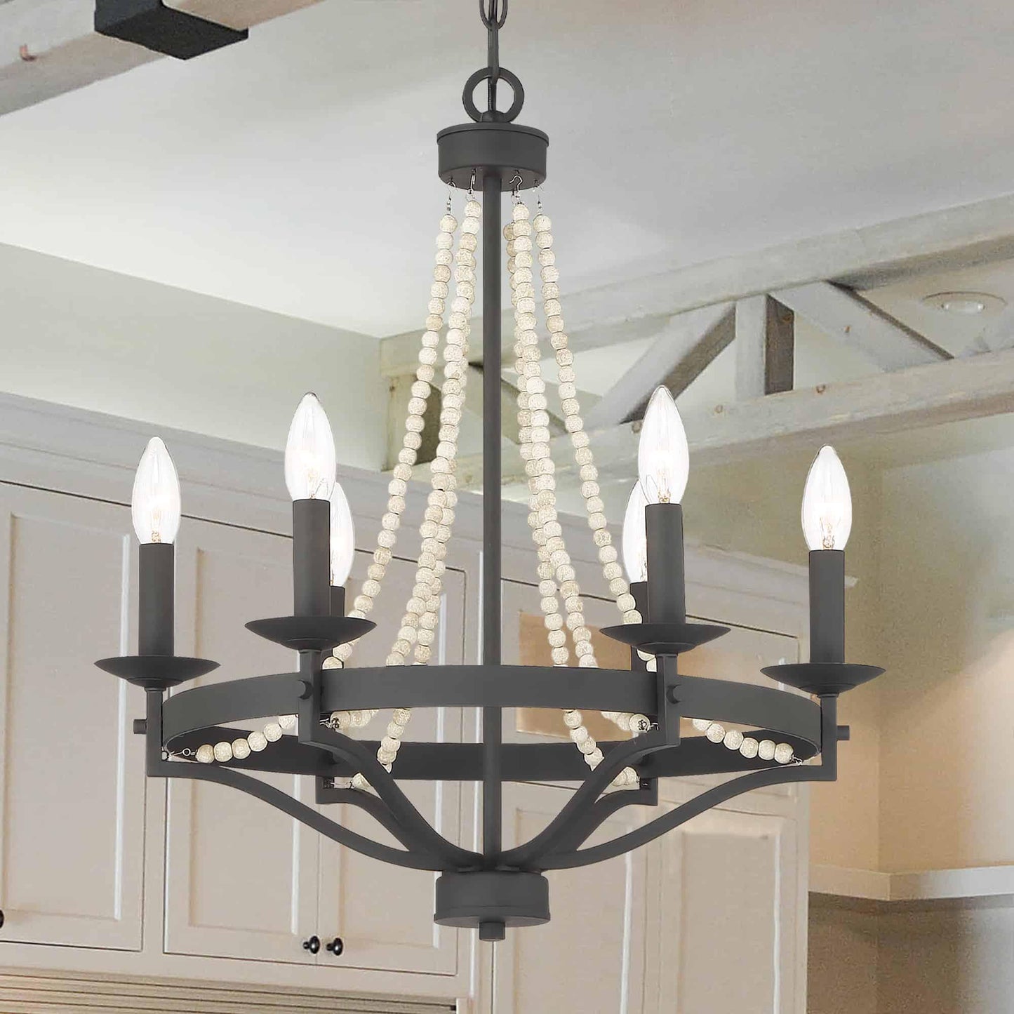 Streator Chandelier - Coastal Wood Beaded Wagon Wheel Pendant Light | Modern Farmhouse Multi-Light Chandelier