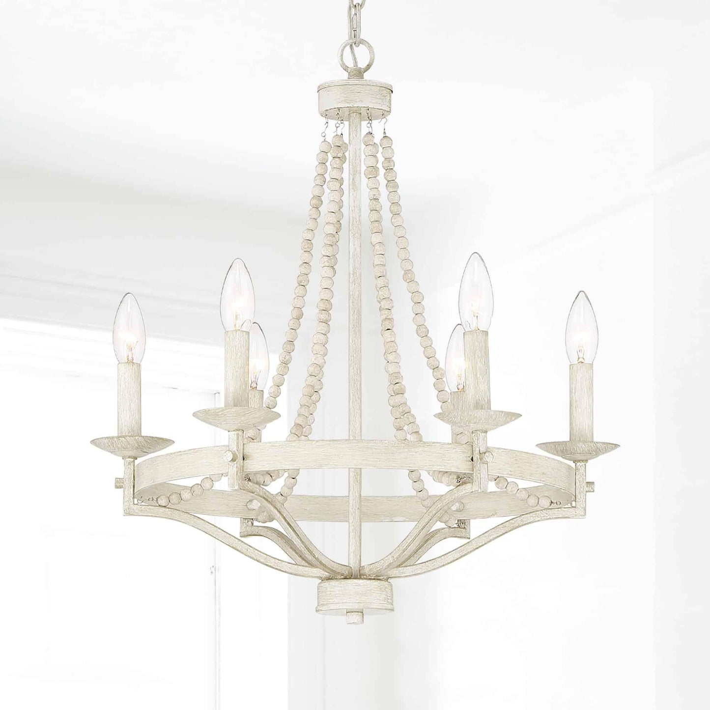 Streator Chandelier - Coastal Wood Beaded Wagon Wheel Pendant Light | Modern Farmhouse Multi-Light Chandelier