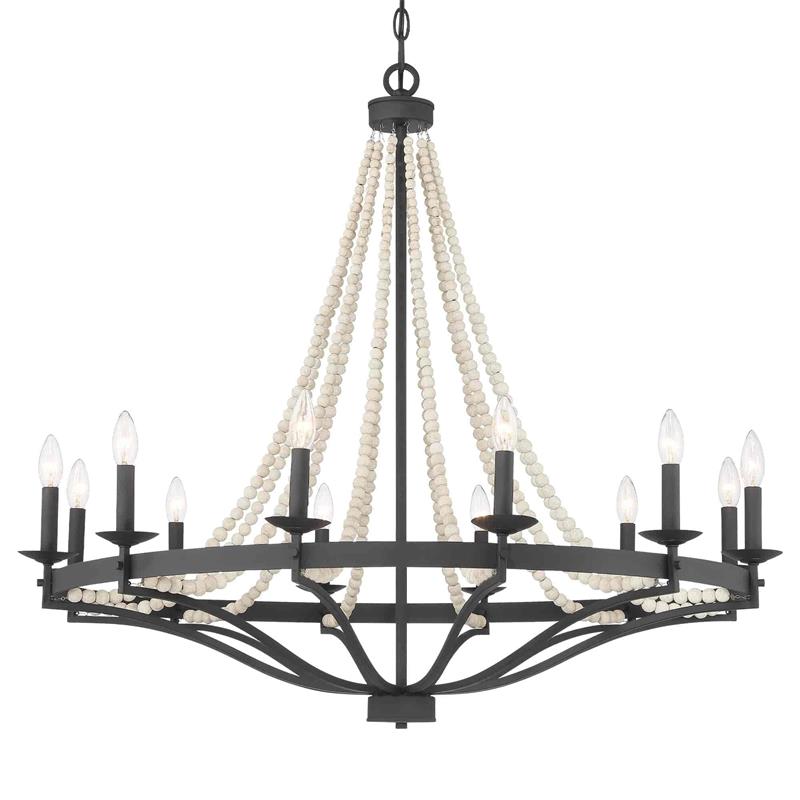 Streator Chandelier - Coastal Wood Beaded Wagon Wheel Pendant Light | Modern Farmhouse Multi-Light Chandelier
