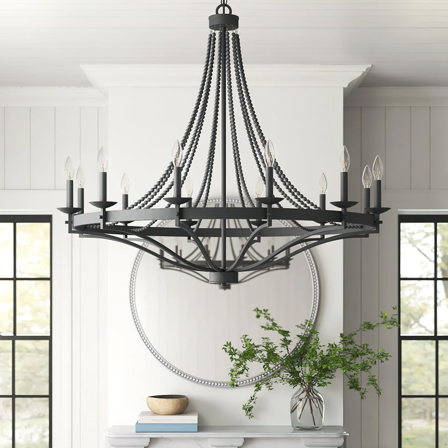 Streator Chandelier - Coastal Wood Beaded Wagon Wheel Pendant Light | Modern Farmhouse Multi-Light Chandelier
