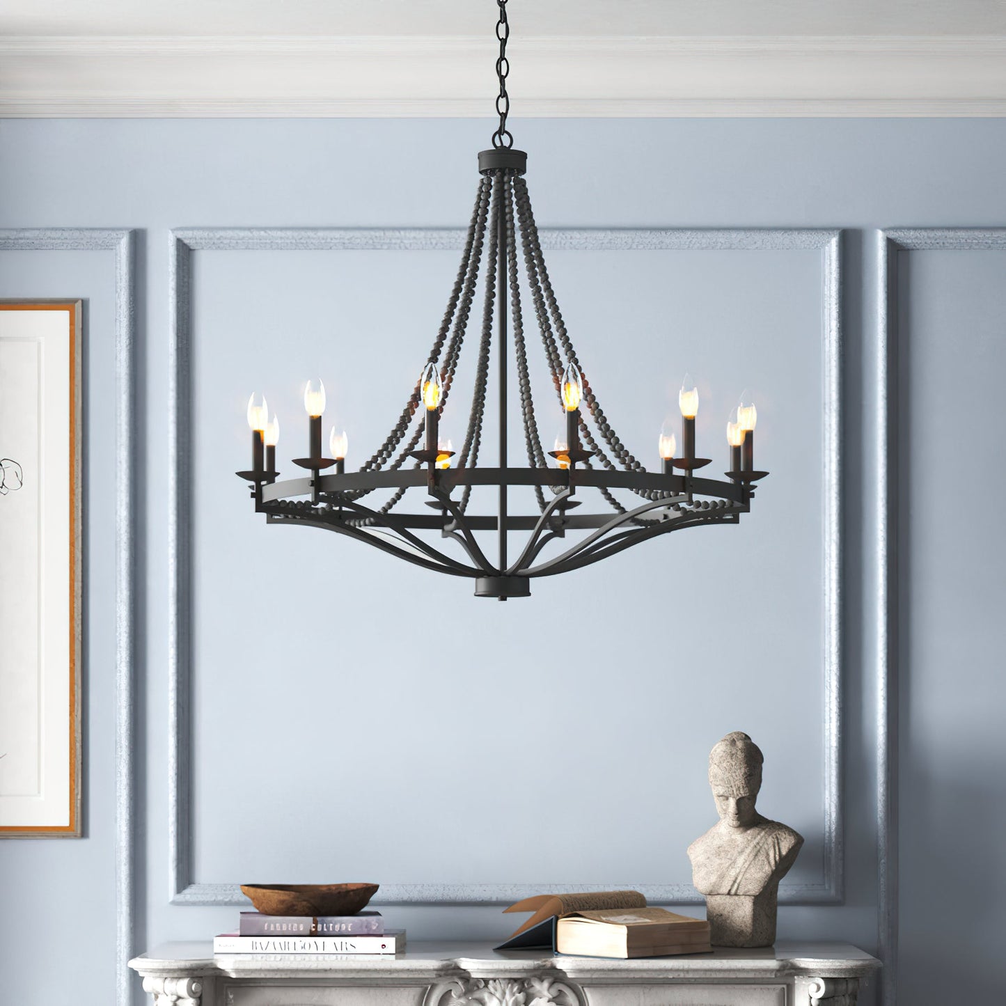 Streator Chandelier - Coastal Wood Beaded Wagon Wheel Pendant Light | Modern Farmhouse Multi-Light Chandelier