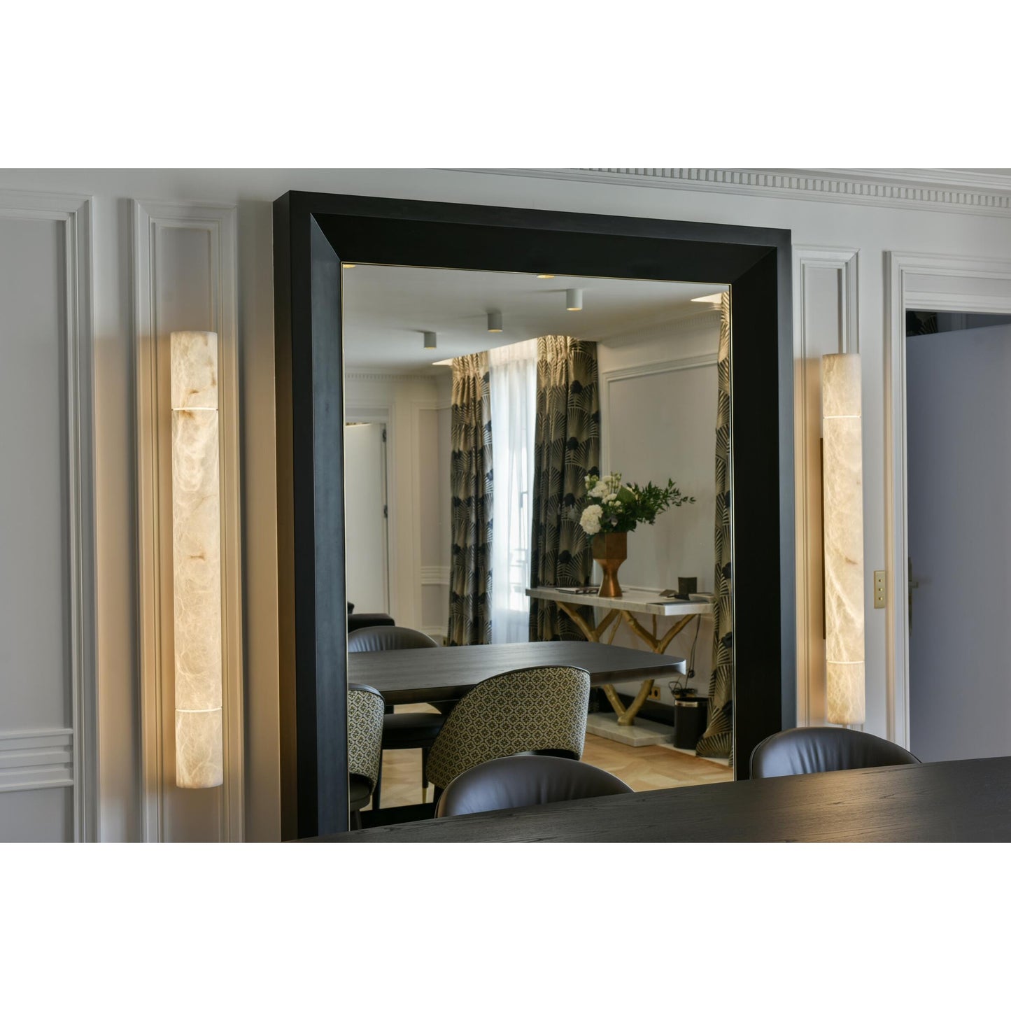 Sumatra Alabaster Wall Sconce - Cylindrical Brass & Natural Alabaster Light | Modern Vertical Stone Sconce