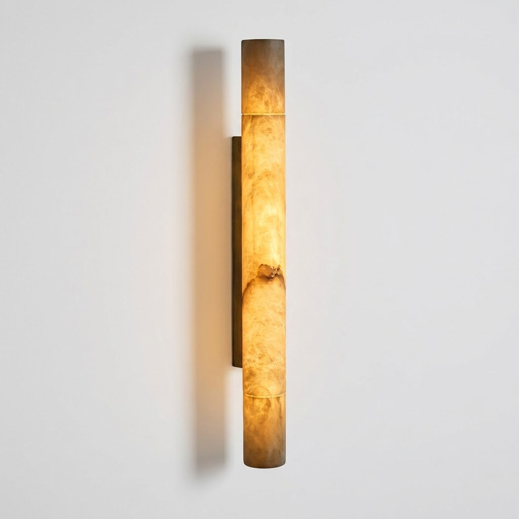 Sumatra Alabaster Wall Sconce - Cylindrical Brass & Natural Alabaster Light | Modern Vertical Stone Sconce