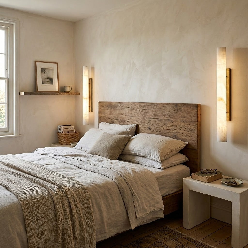 Sumatra Alabaster Wall Sconce - Cylindrical Brass & Natural Alabaster Light | Modern Vertical Stone Sconce