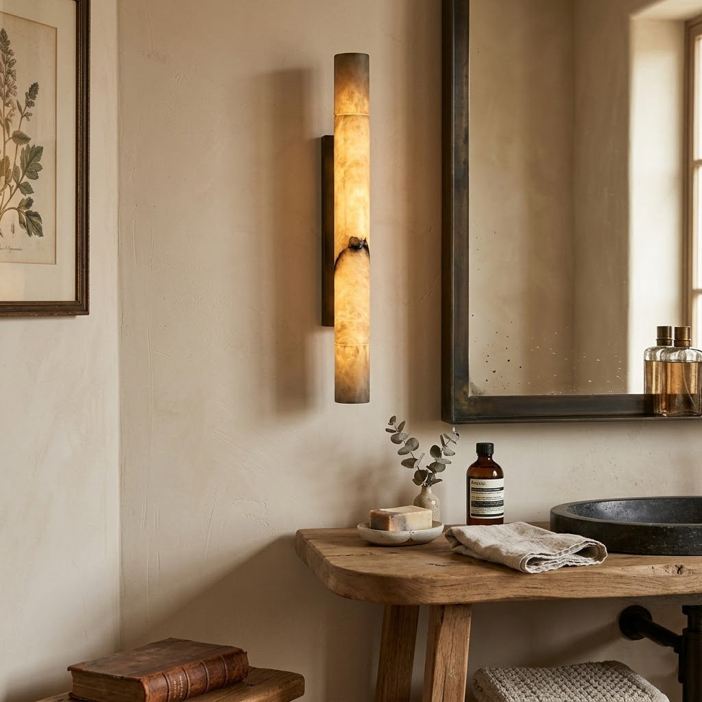 Sumatra Alabaster Wall Sconce - Cylindrical Brass & Natural Alabaster Light | Modern Vertical Stone Sconce