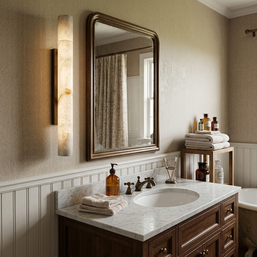 Sumatra Alabaster Wall Sconce - Cylindrical Brass & Natural Alabaster Light | Modern Vertical Stone Sconce