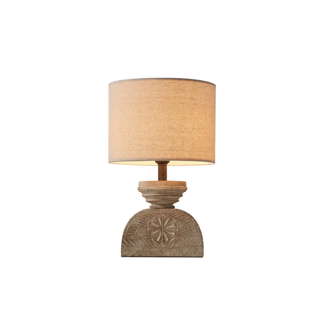 Sunrise Table Lamp - Hand-Carved Old Wood & Beige Fabric Lamp | Rustic Artisanal Accent Light
