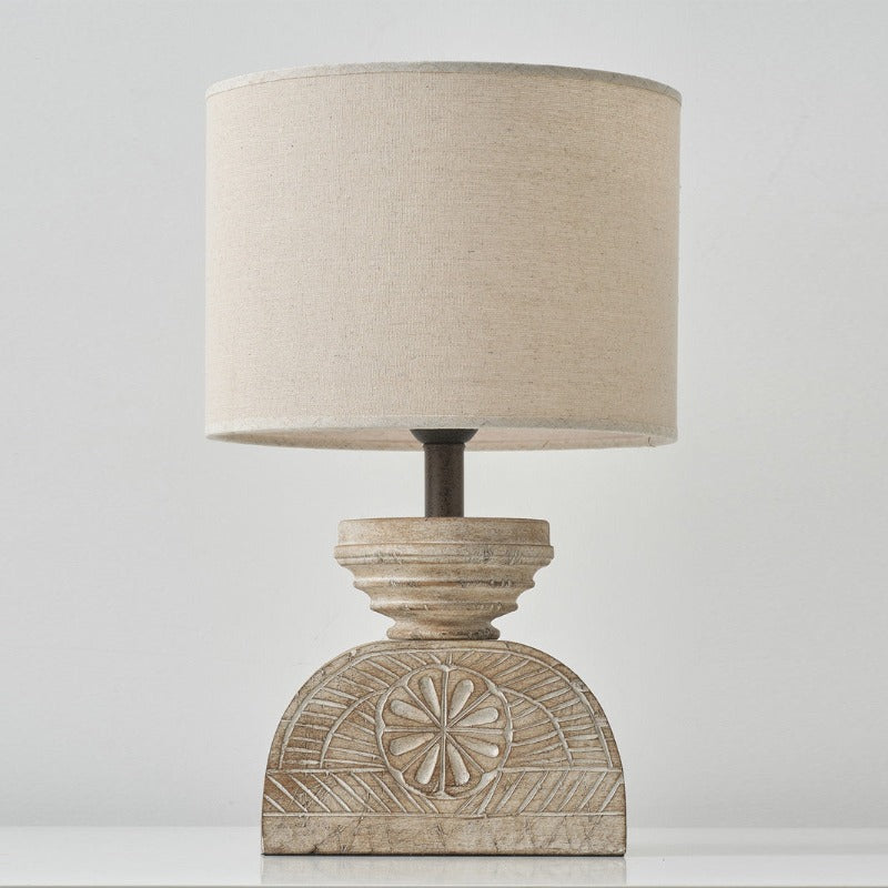 Sunrise Table Lamp - Hand-Carved Old Wood & Beige Fabric Lamp | Rustic Artisanal Accent Light