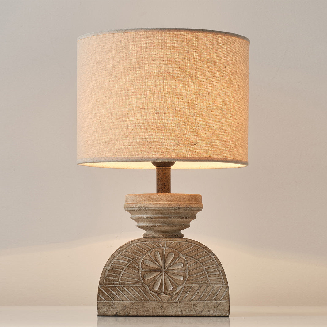 Sunrise Table Lamp - Hand-Carved Old Wood & Beige Fabric Lamp | Rustic Artisanal Accent Light