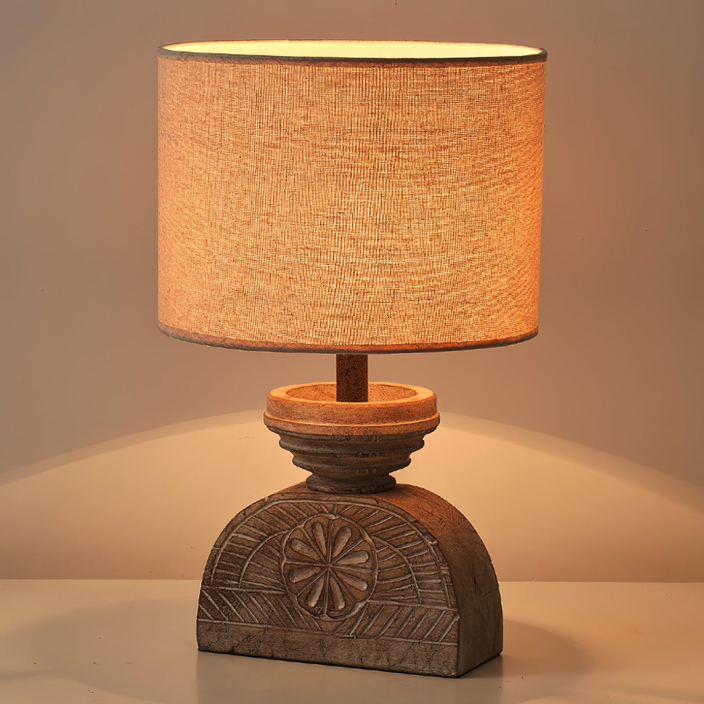 Sunrise Table Lamp - Hand-Carved Old Wood & Beige Fabric Lamp | Rustic Artisanal Accent Light