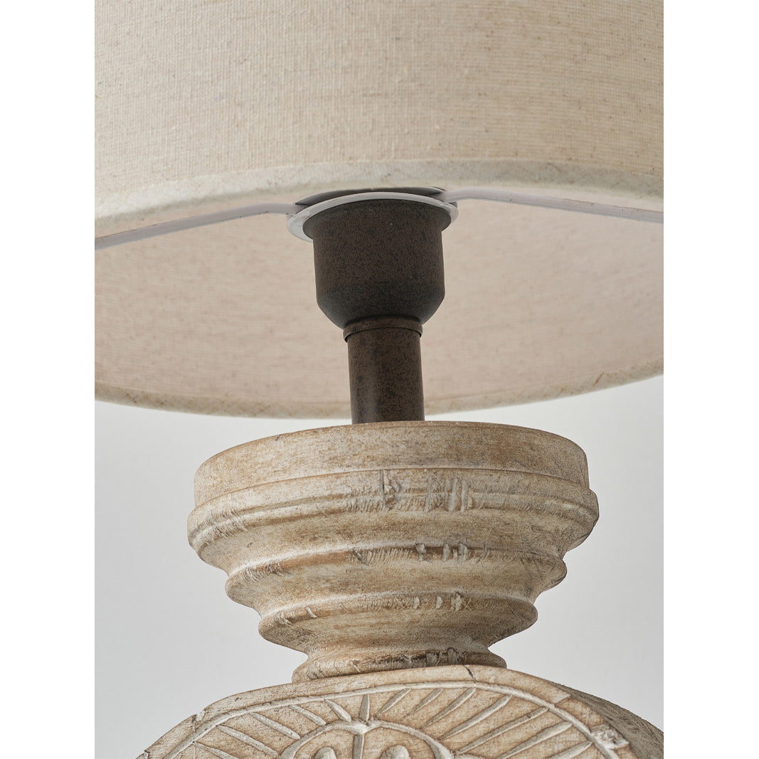 Sunrise Table Lamp - Hand-Carved Old Wood & Beige Fabric Lamp | Rustic Artisanal Accent Light
