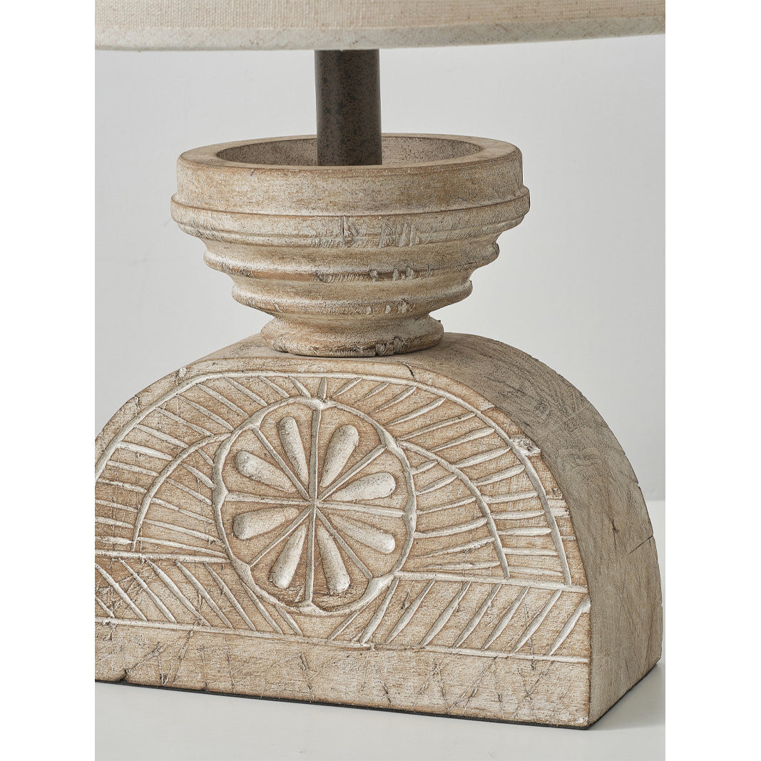 Sunrise Table Lamp - Hand-Carved Old Wood & Beige Fabric Lamp | Rustic Artisanal Accent Light