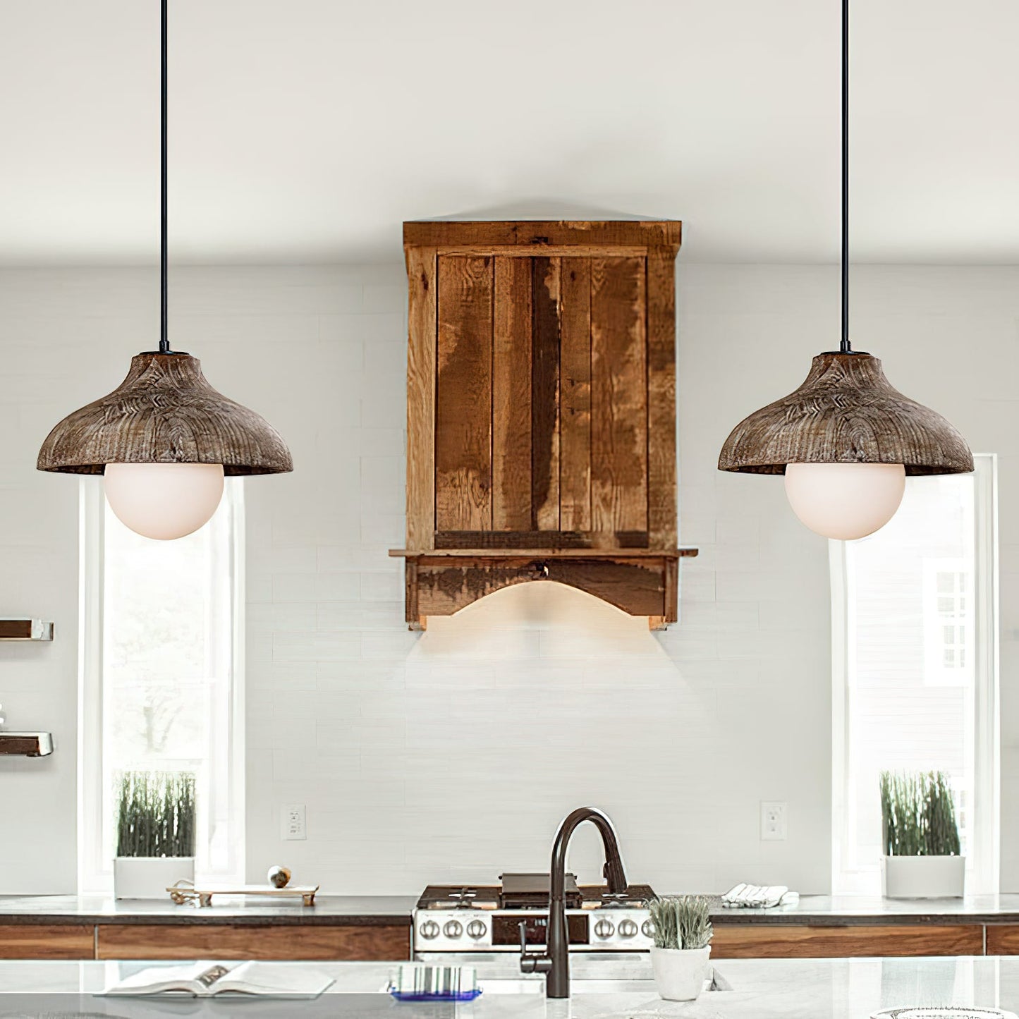 Surfside Pendant Lamp - Wood Grain Resin & Opal Glass Globe Pendant | Modern Kitchen Island & Bar Light
