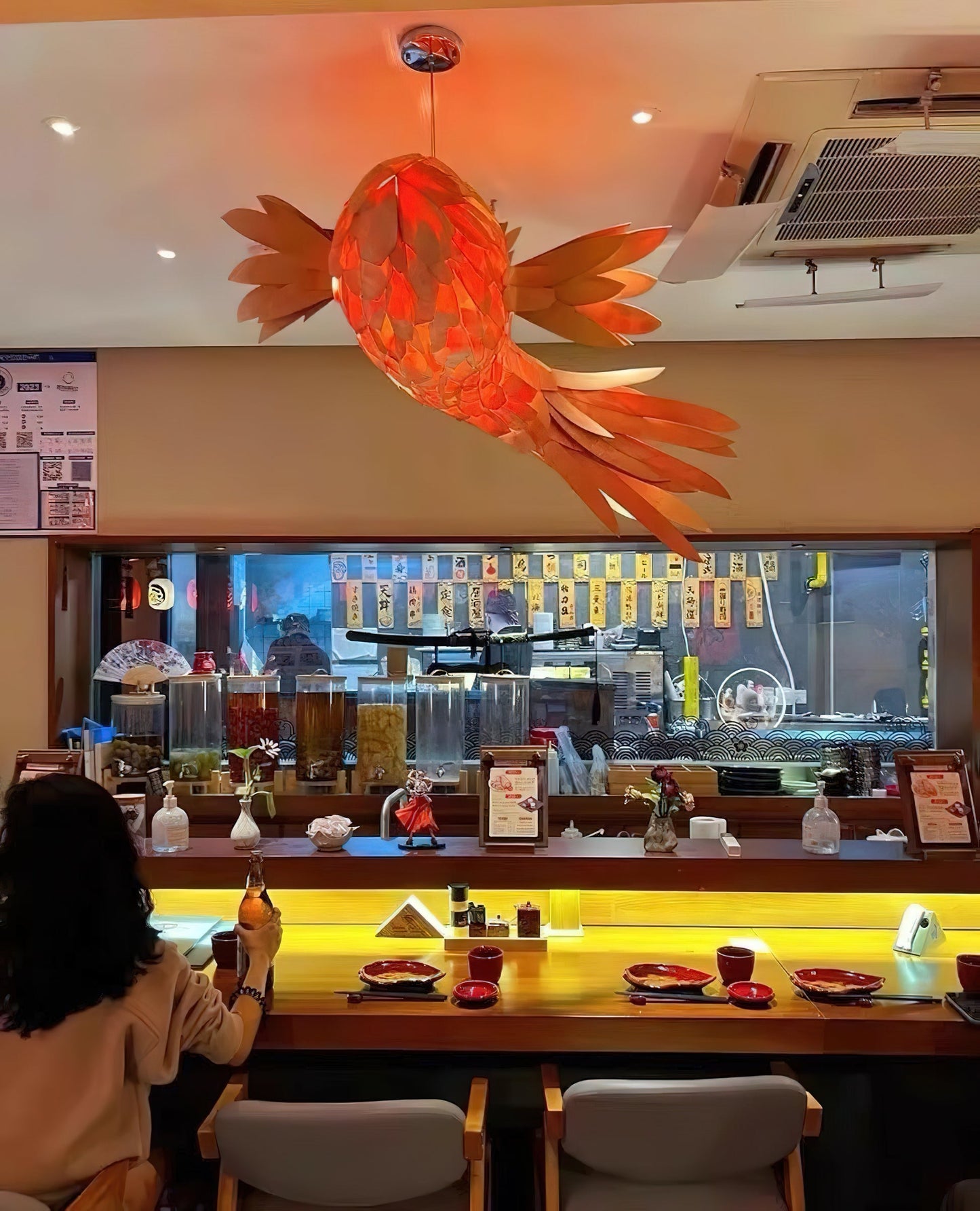 Swirl Koi Chandelier - Sculptural Layered Wood Pendant Light | Fluid Red Koi Fish LED Hanging Light