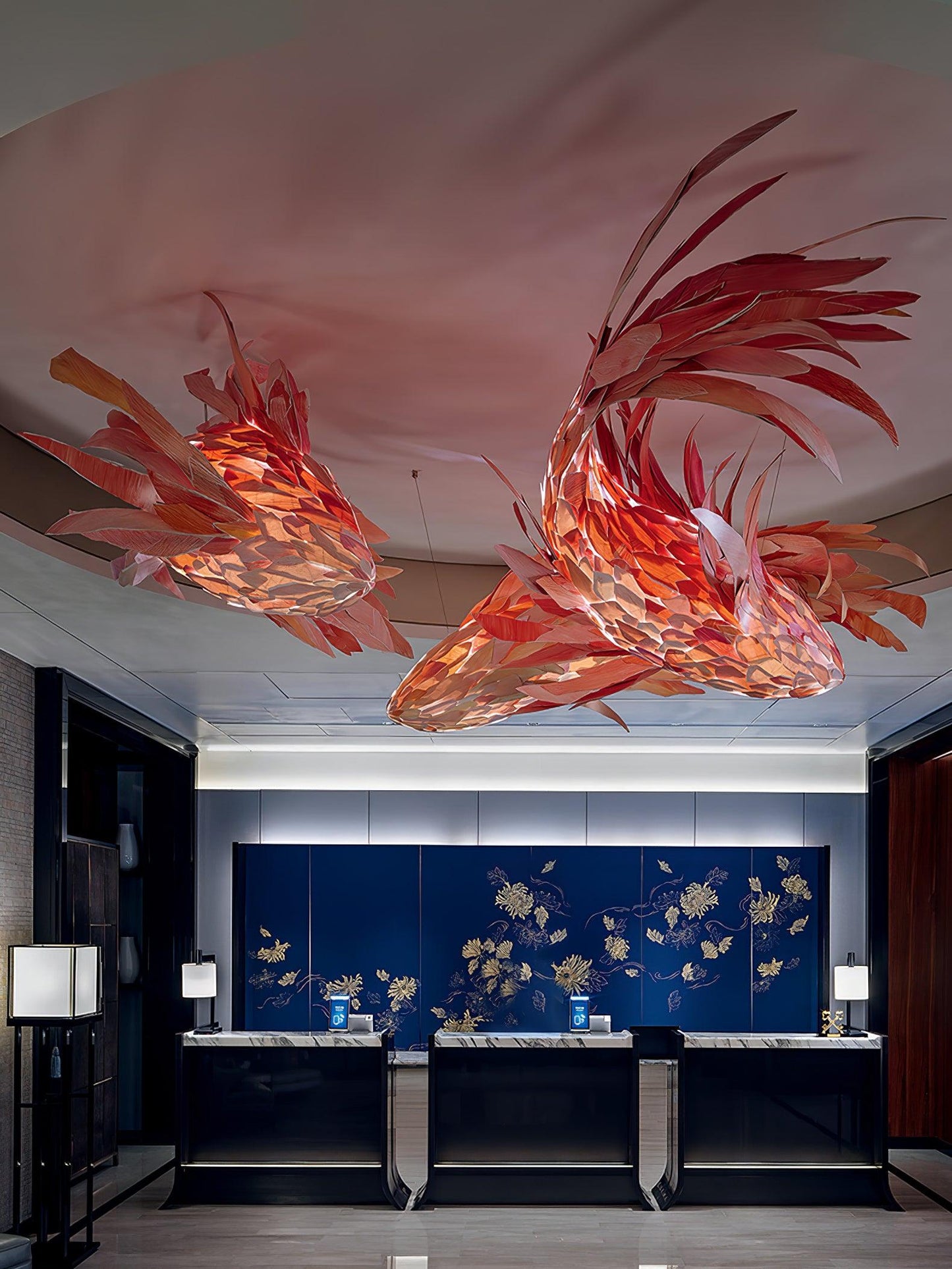 Swirl Koi Chandelier - Sculptural Layered Wood Pendant Light | Fluid Red Koi Fish LED Hanging Light