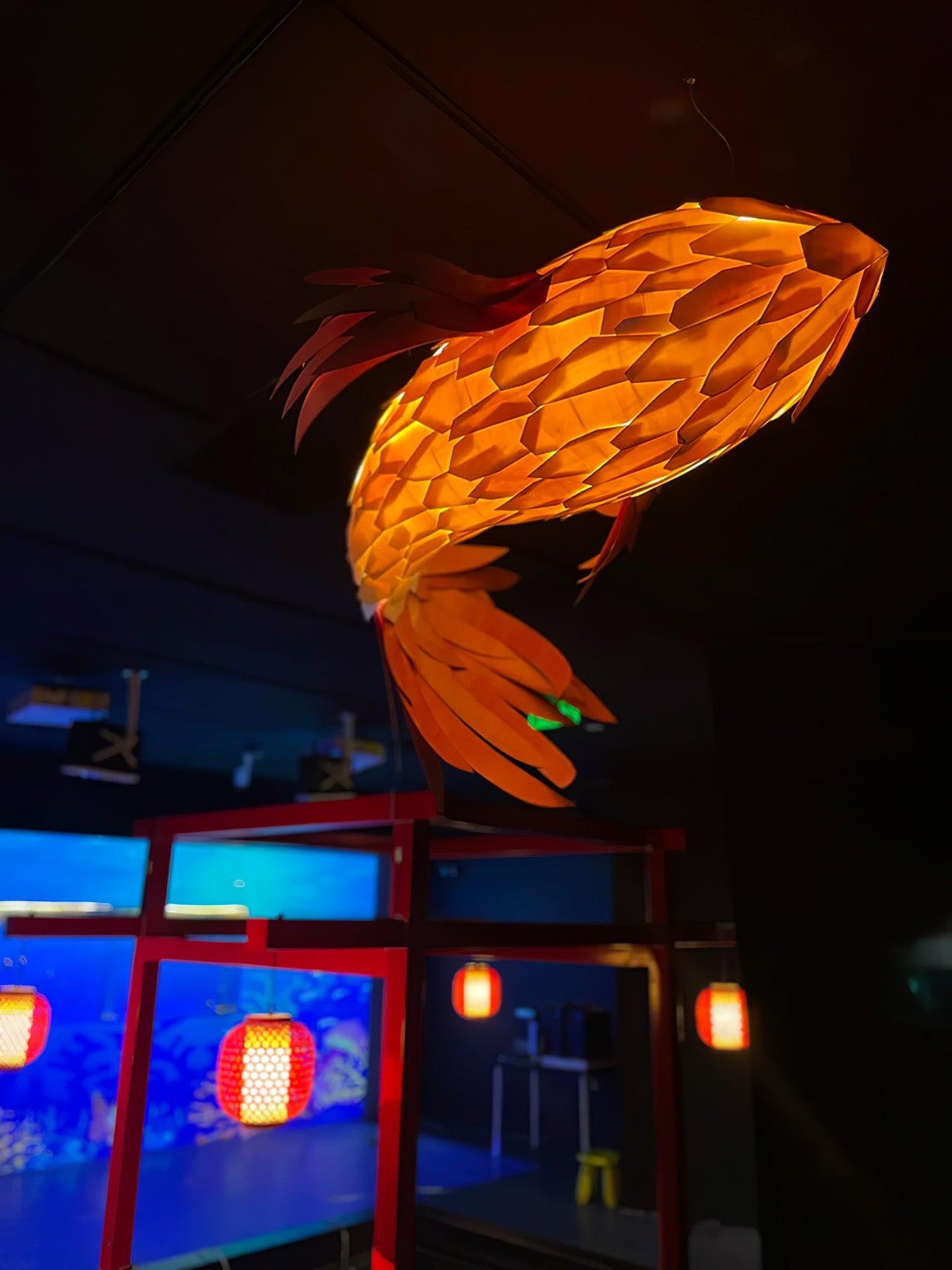 Swirl Koi Chandelier - Sculptural Layered Wood Pendant Light | Fluid Red Koi Fish LED Hanging Light
