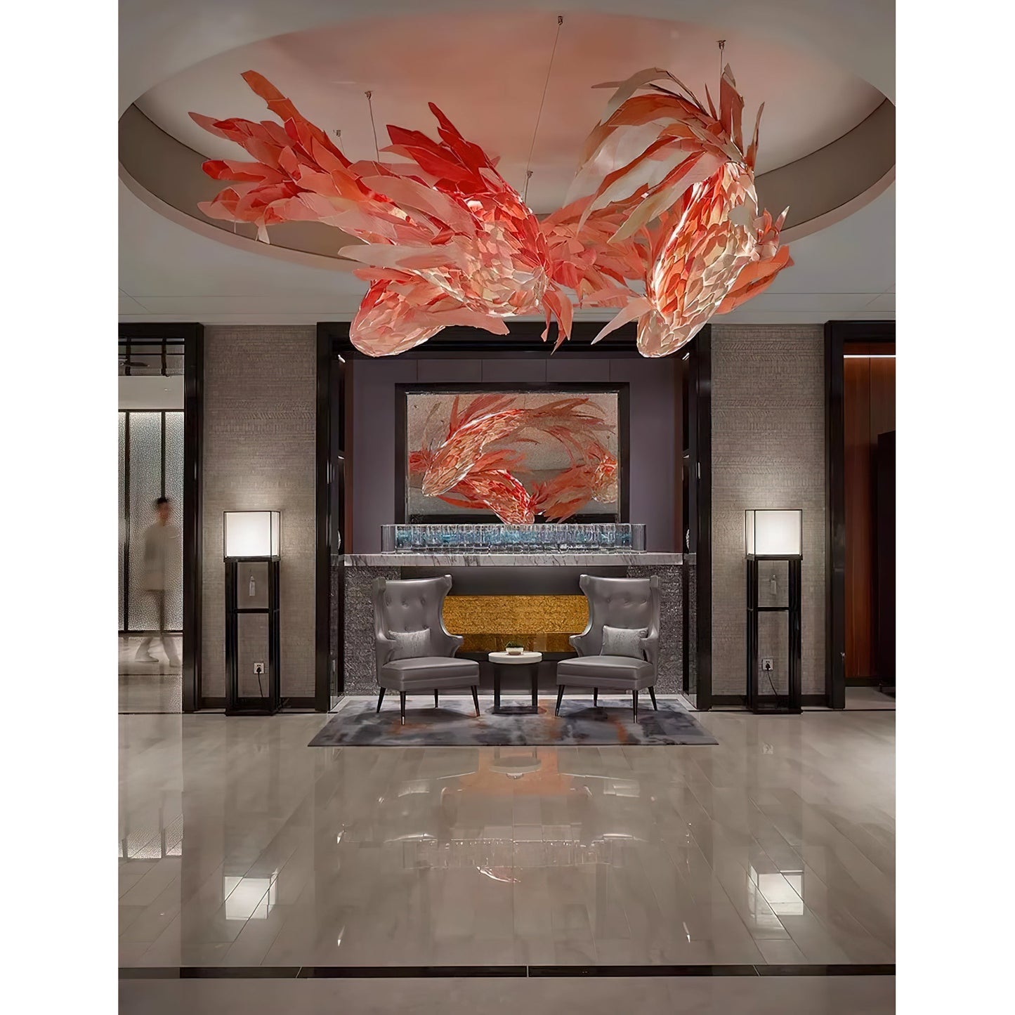 Swirl Koi Chandelier - Sculptural Layered Wood Pendant Light | Fluid Red Koi Fish LED Hanging Light