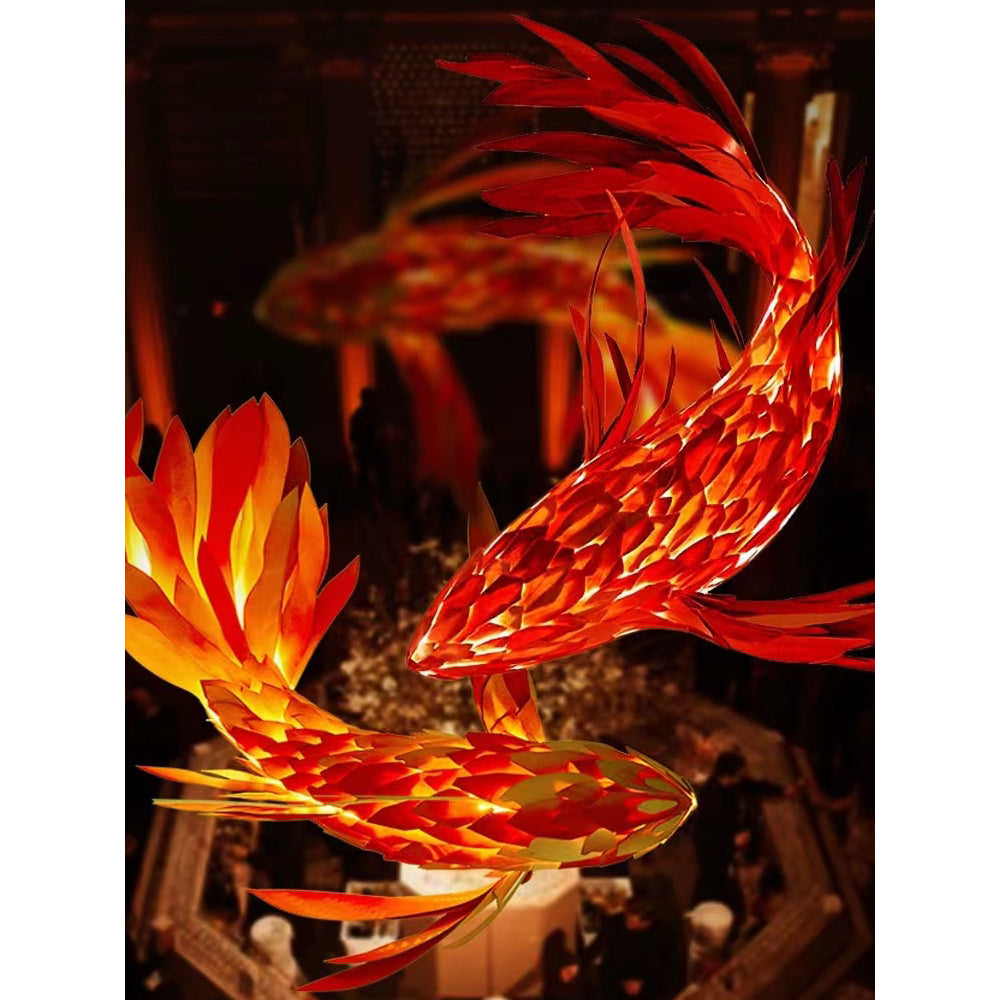 Swirl Koi Chandelier - Sculptural Layered Wood Pendant Light | Fluid Red Koi Fish LED Hanging Light