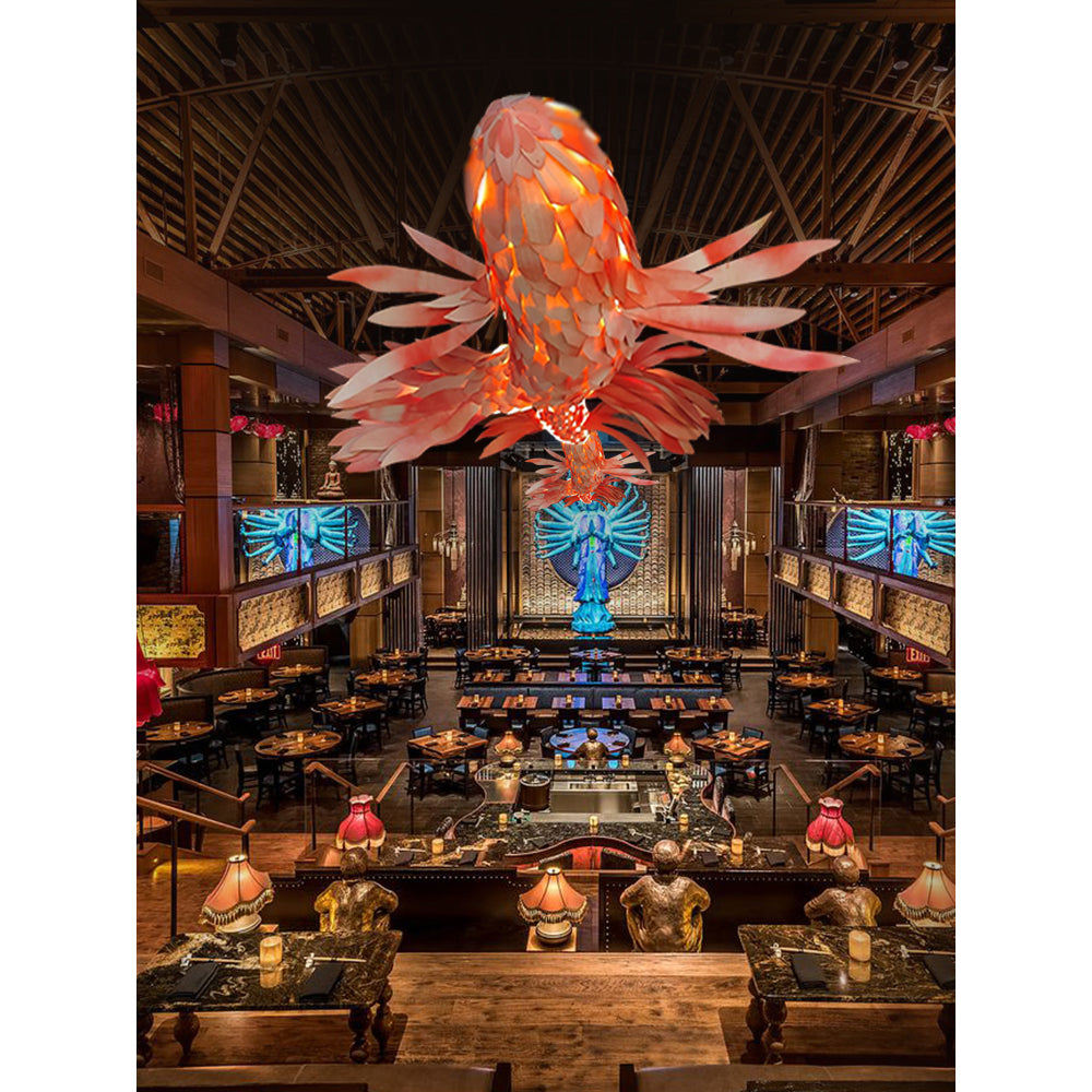 Swirl Koi Chandelier - Sculptural Layered Wood Pendant Light | Fluid Red Koi Fish LED Hanging Light