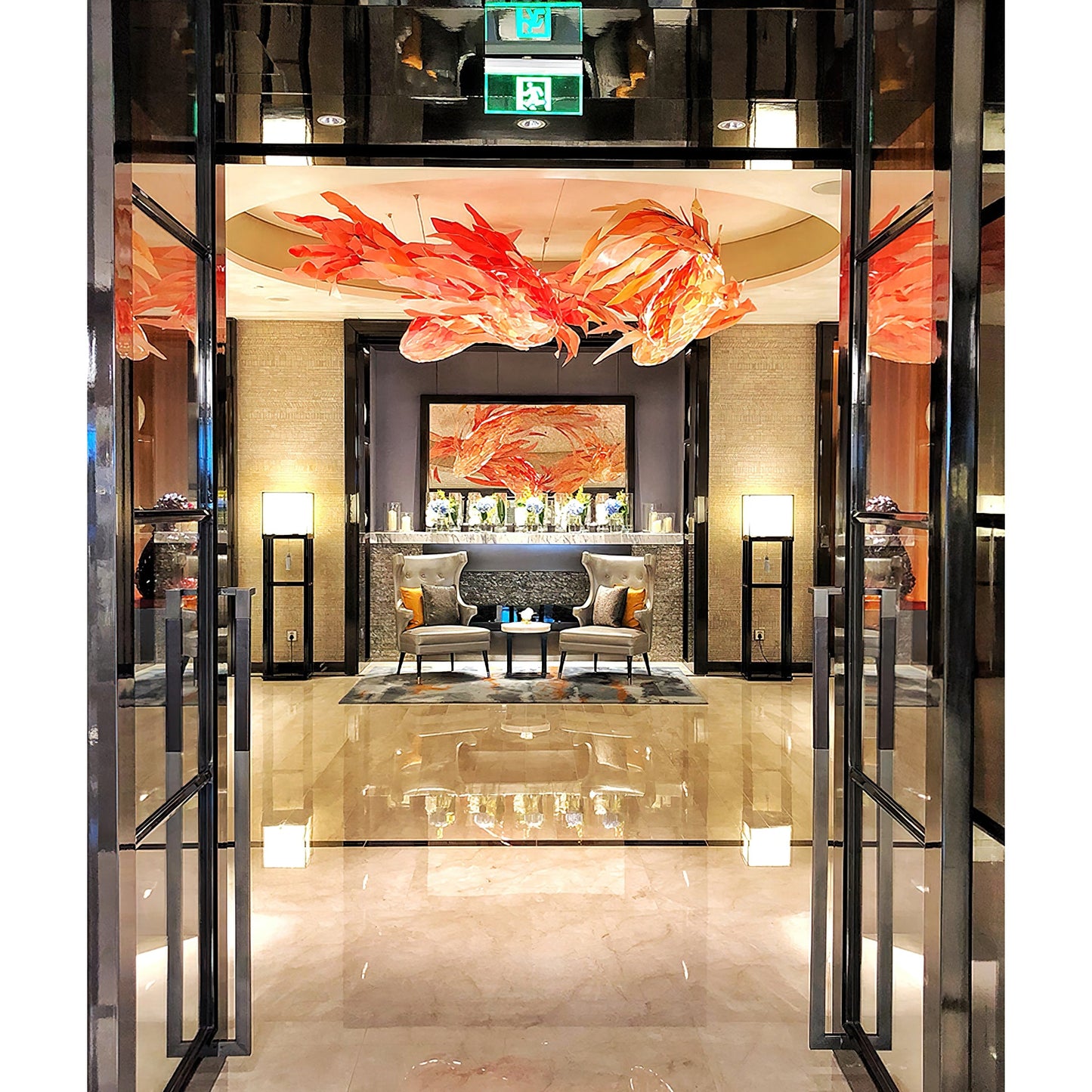 Swirl Koi Chandelier - Sculptural Layered Wood Pendant Light | Fluid Red Koi Fish LED Hanging Light