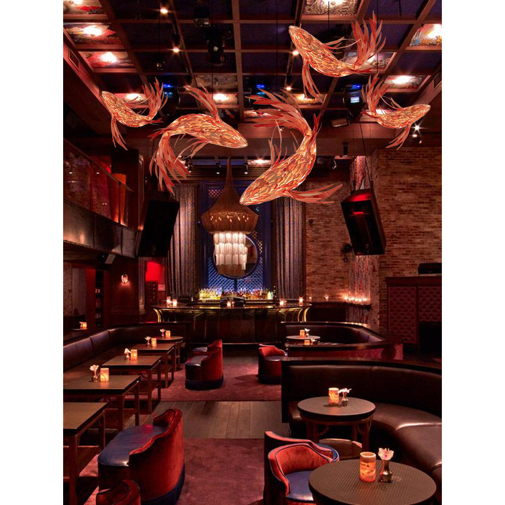 Swirl Koi Chandelier - Sculptural Layered Wood Pendant Light | Fluid Red Koi Fish LED Hanging Light