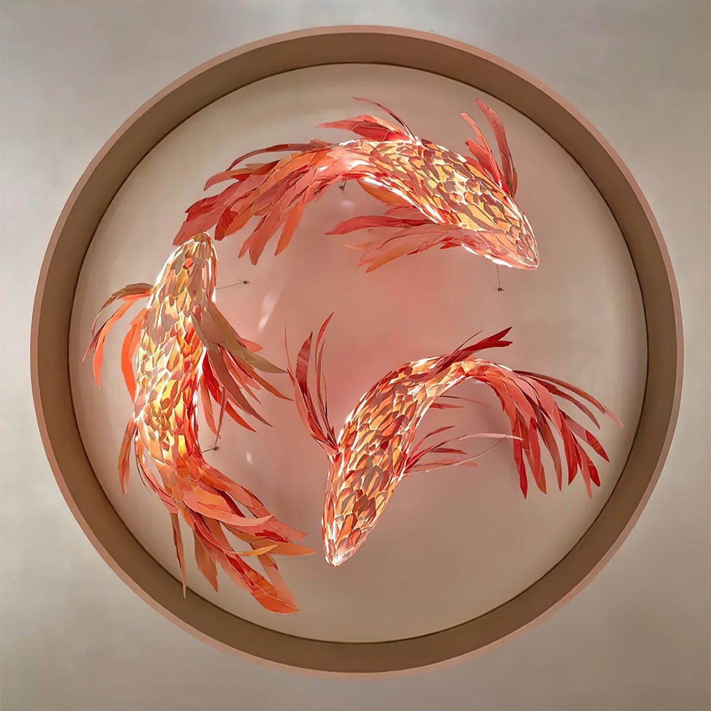 Swirl Koi Chandelier - Sculptural Layered Wood Pendant Light | Fluid Red Koi Fish LED Hanging Light