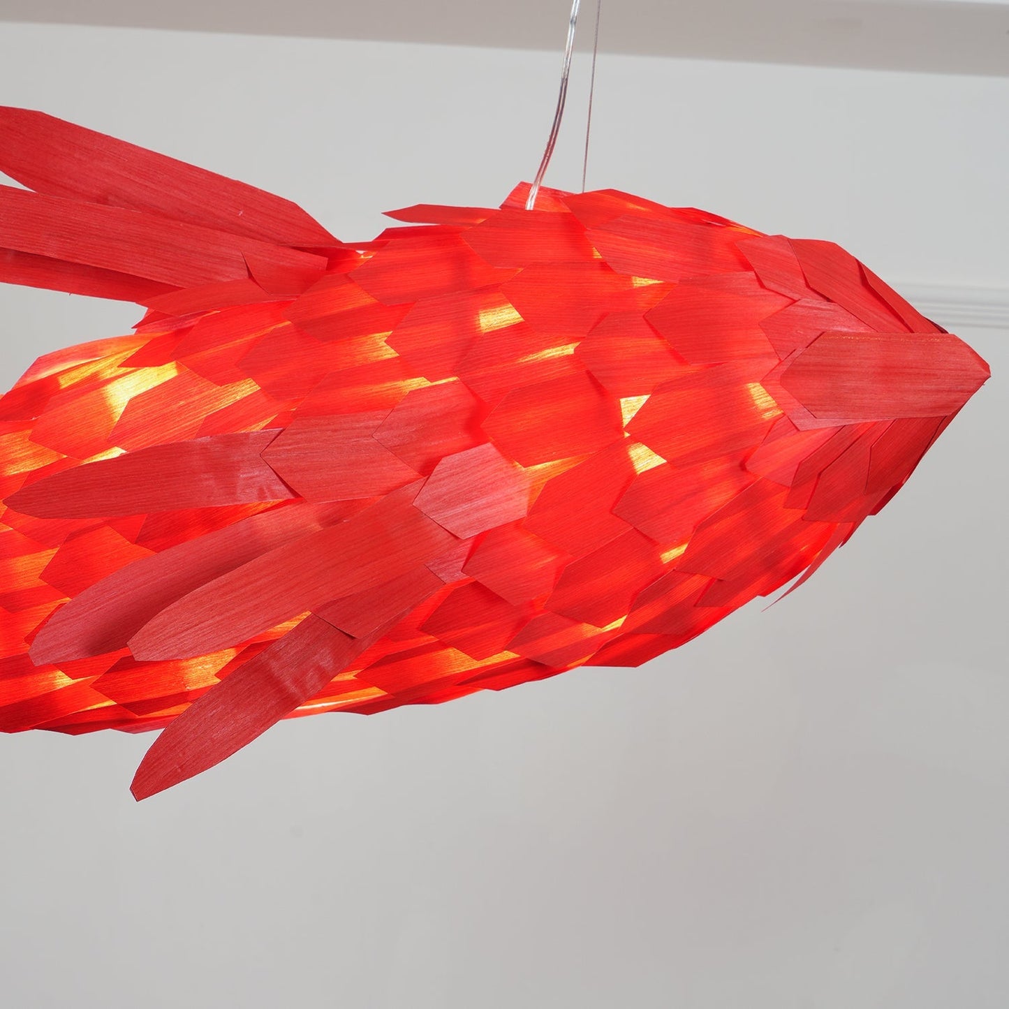 Swirl Koi Chandelier - Sculptural Layered Wood Pendant Light | Fluid Red Koi Fish LED Hanging Light