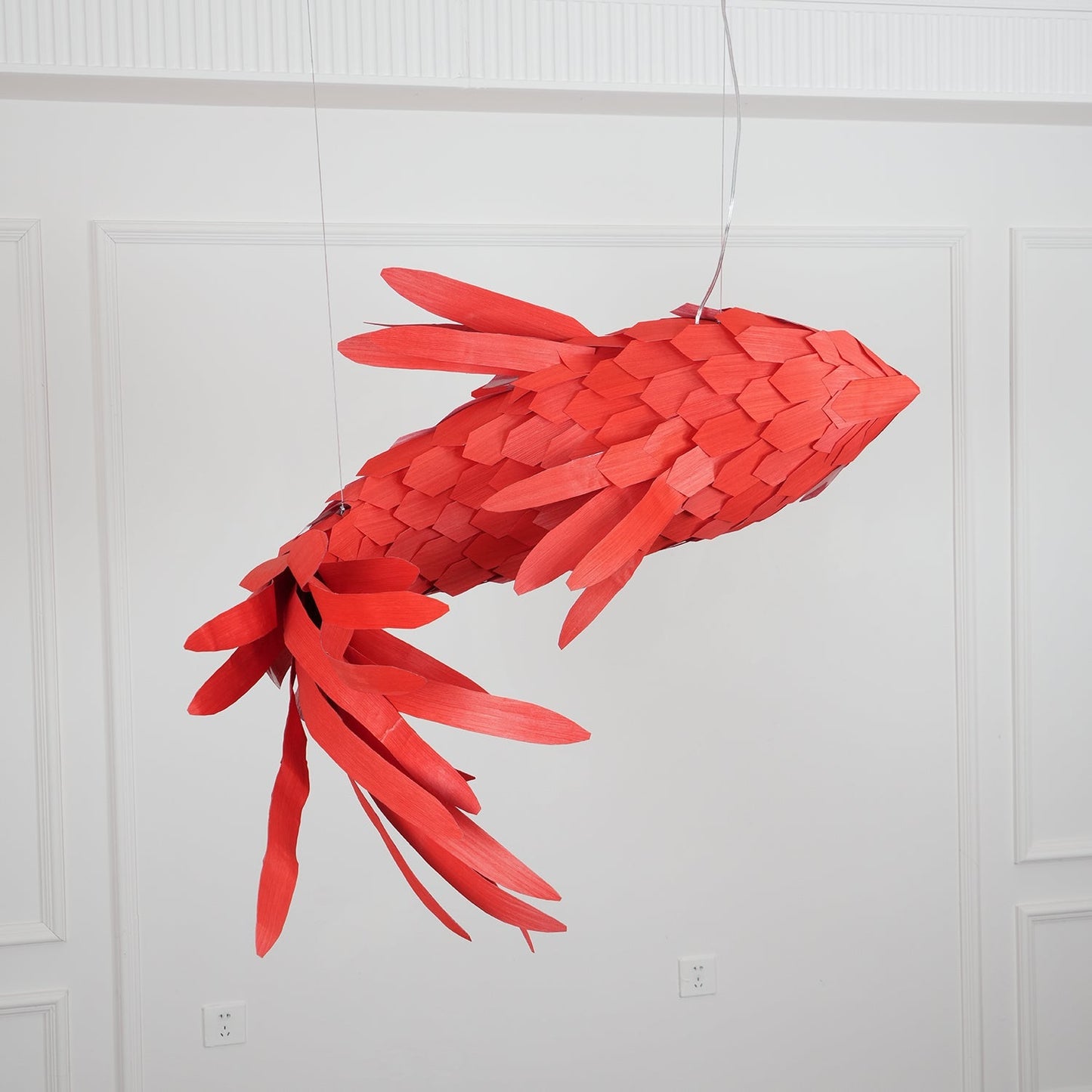 Swirl Koi Chandelier - Sculptural Layered Wood Pendant Light | Fluid Red Koi Fish LED Hanging Light