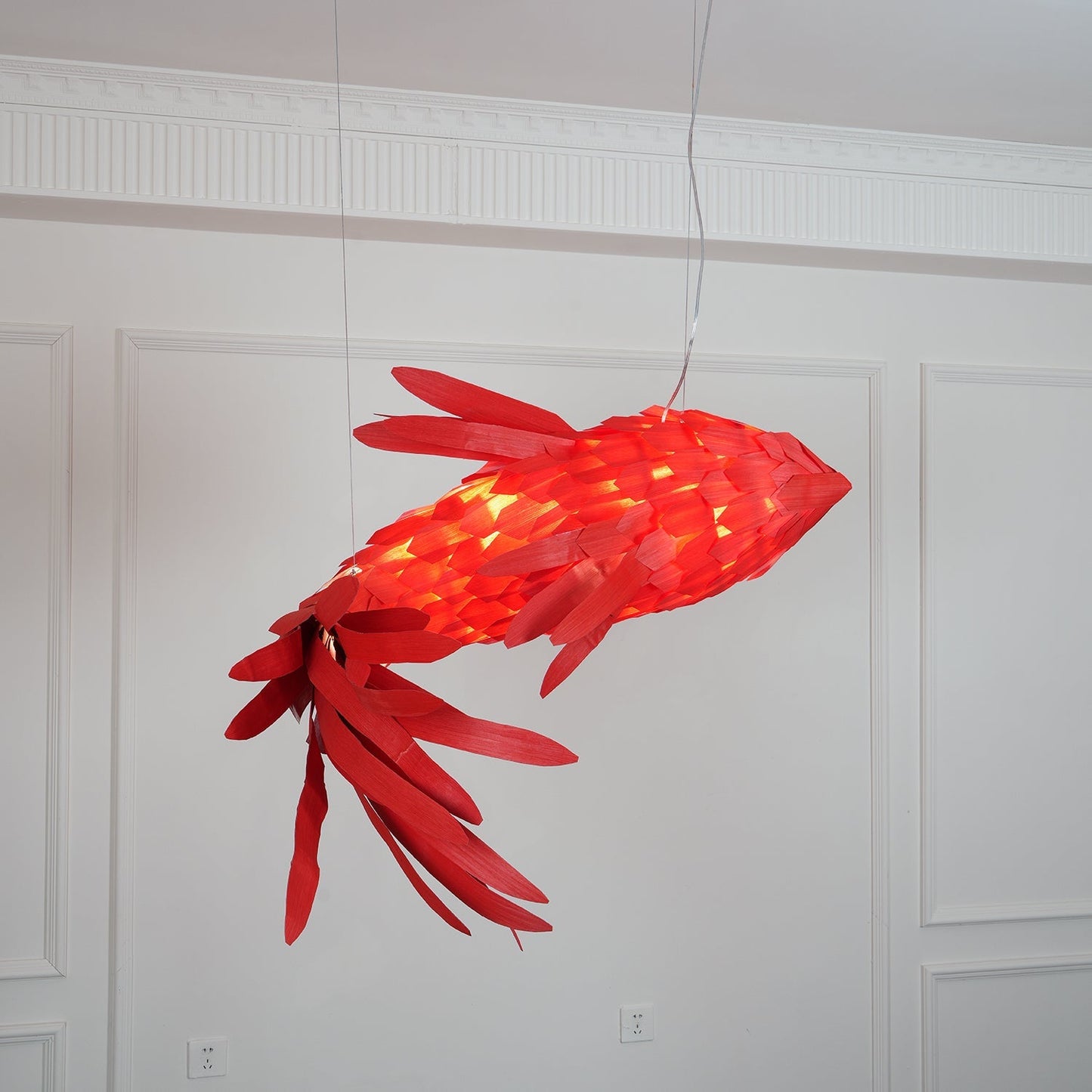 Swirl Koi Chandelier - Sculptural Layered Wood Pendant Light | Fluid Red Koi Fish LED Hanging Light
