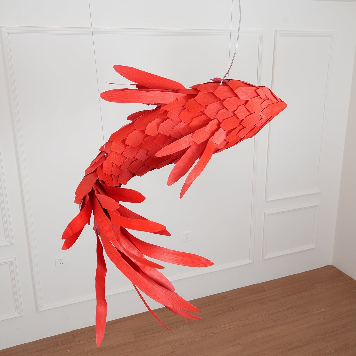 Swirl Koi Chandelier - Sculptural Layered Wood Pendant Light | Fluid Red Koi Fish LED Hanging Light