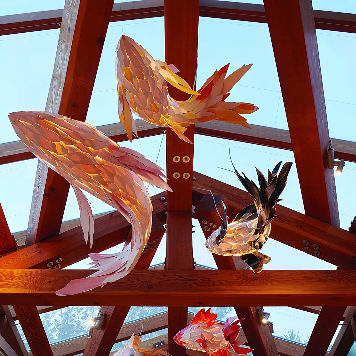 Swirl Koi Chandelier - Sculptural Layered Wood Pendant Light | Fluid Red Koi Fish LED Hanging Light