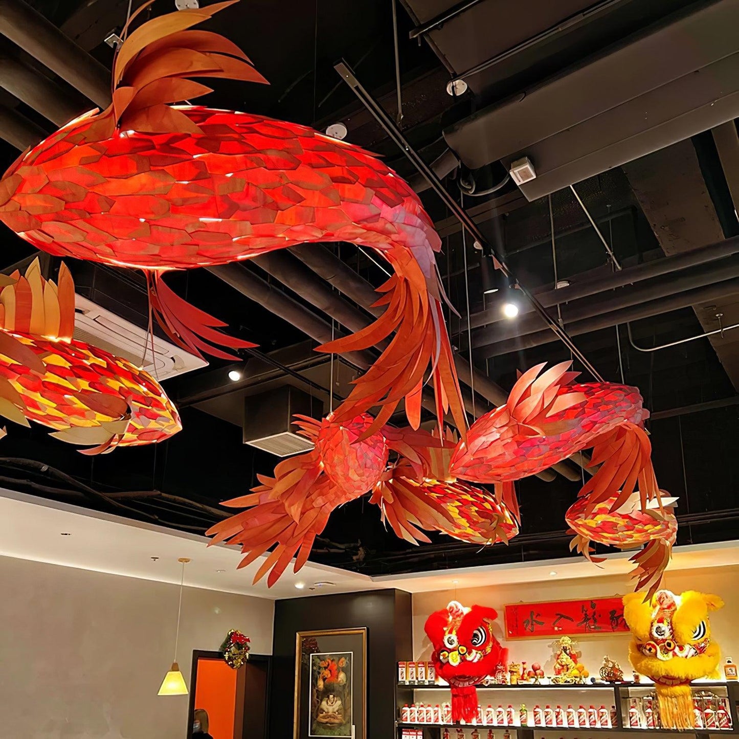 Swirl Koi Chandelier - Sculptural Layered Wood Pendant Light | Fluid Red Koi Fish LED Hanging Light