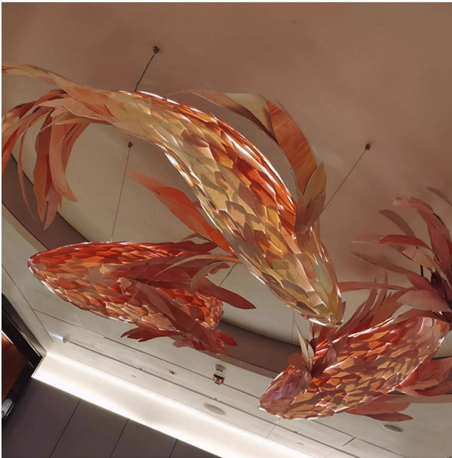 Swirl Koi Chandelier - Sculptural Layered Wood Pendant Light | Fluid Red Koi Fish LED Hanging Light