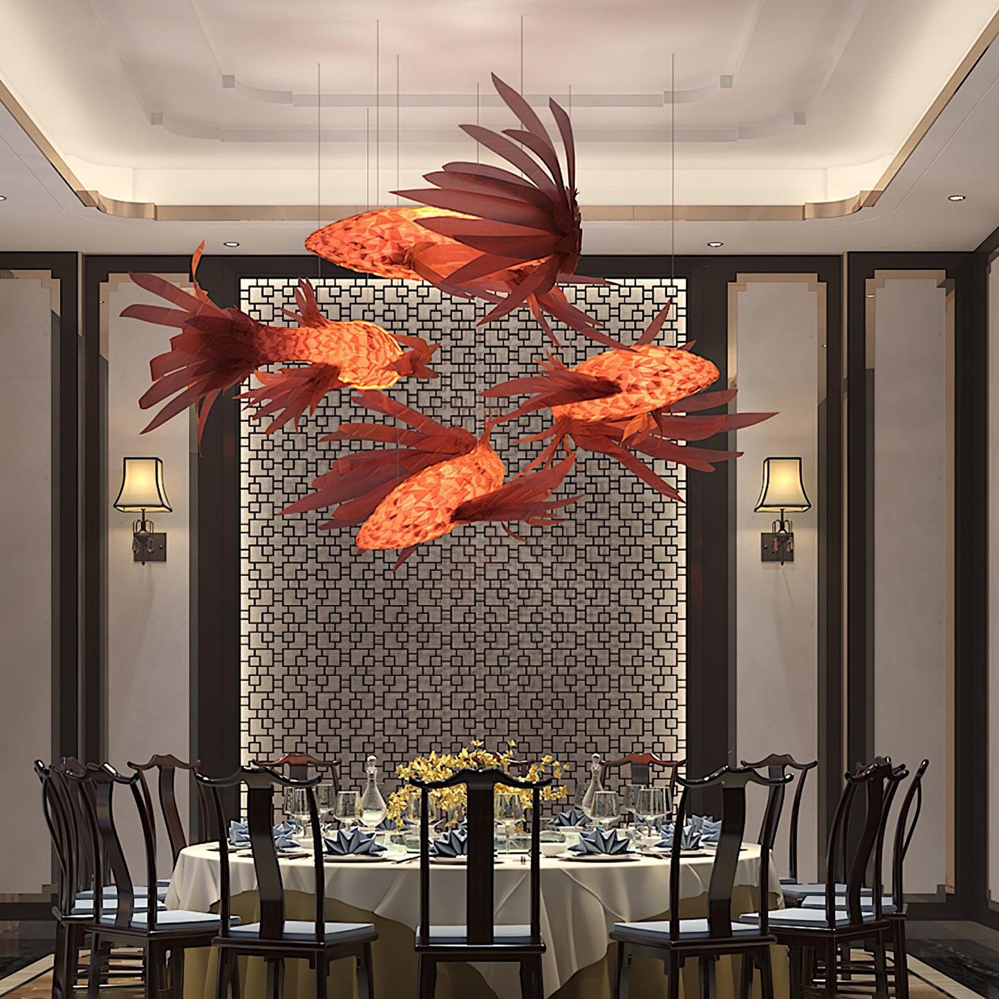 Swirl Koi Chandelier - Sculptural Layered Wood Pendant Light | Fluid Red Koi Fish LED Hanging Light