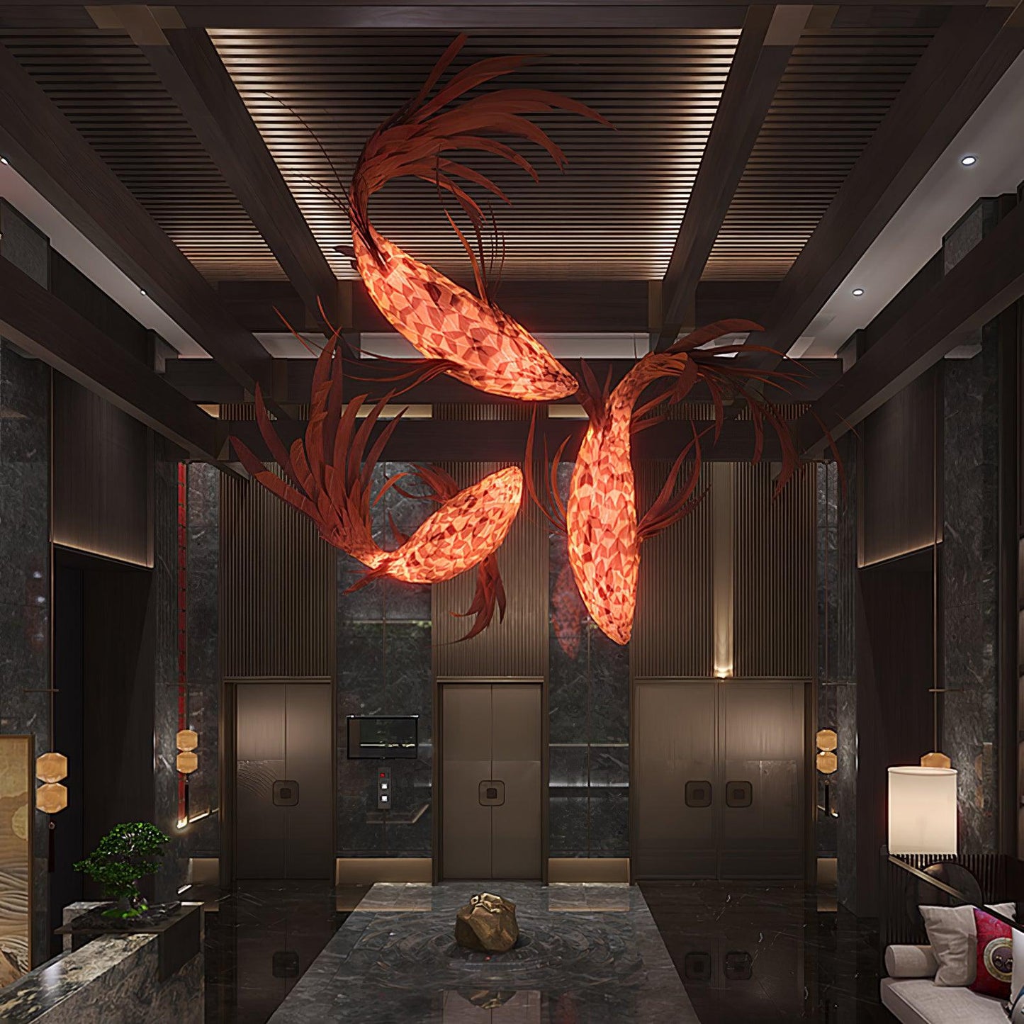 Swirl Koi Chandelier - Sculptural Layered Wood Pendant Light | Fluid Red Koi Fish LED Hanging Light