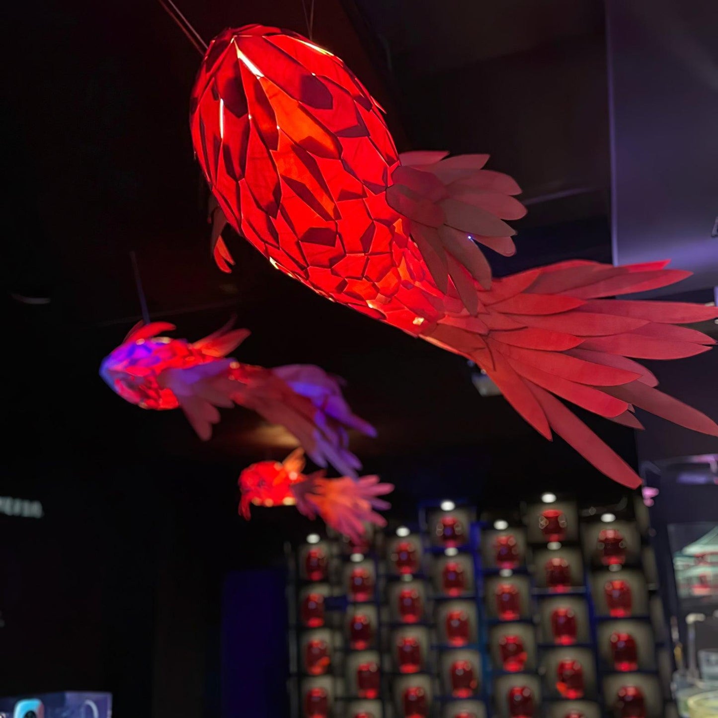 Swirl Koi Chandelier - Sculptural Layered Wood Pendant Light | Fluid Red Koi Fish LED Hanging Light
