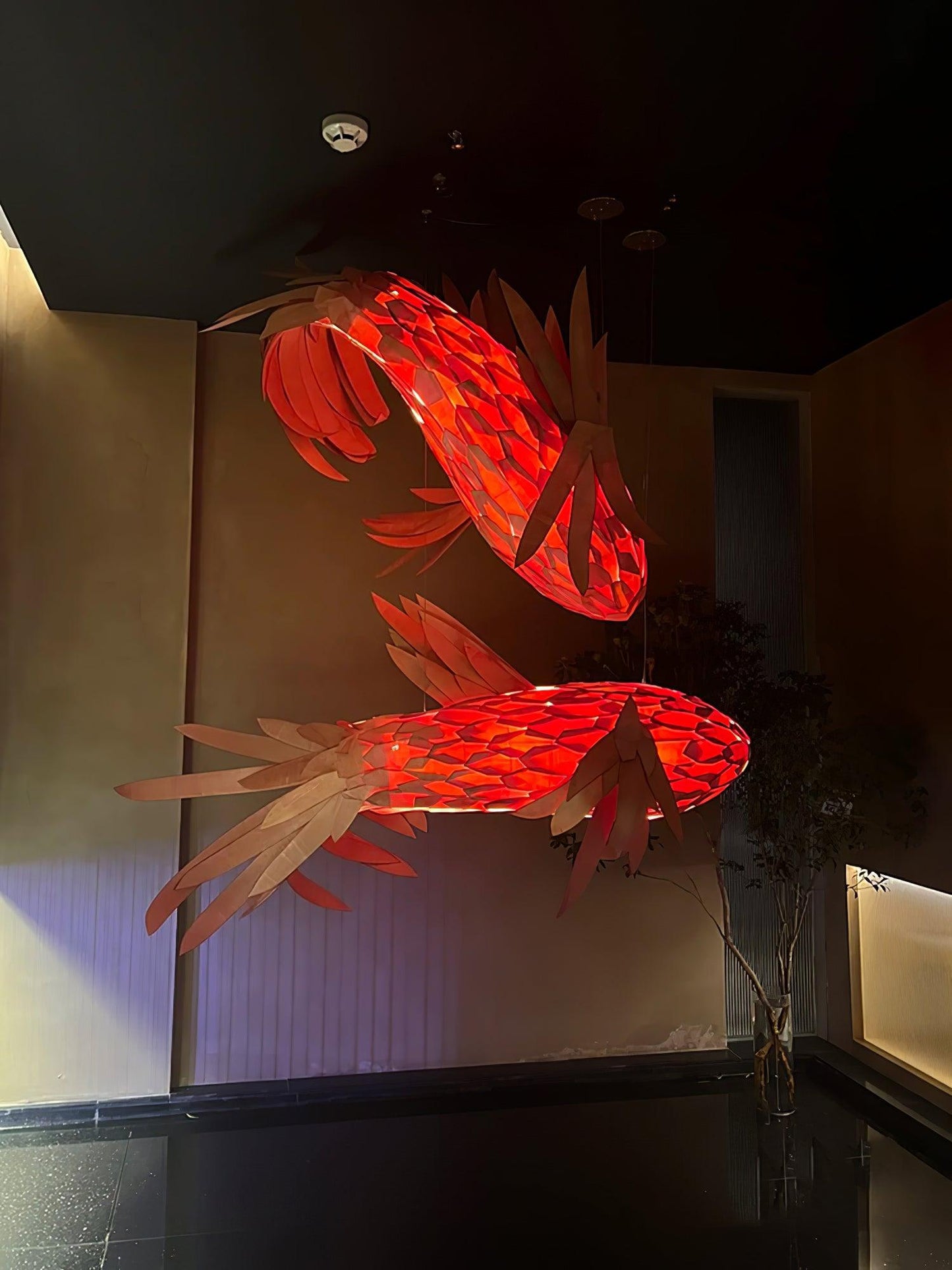 Swirl Koi Chandelier - Sculptural Layered Wood Pendant Light | Fluid Red Koi Fish LED Hanging Light