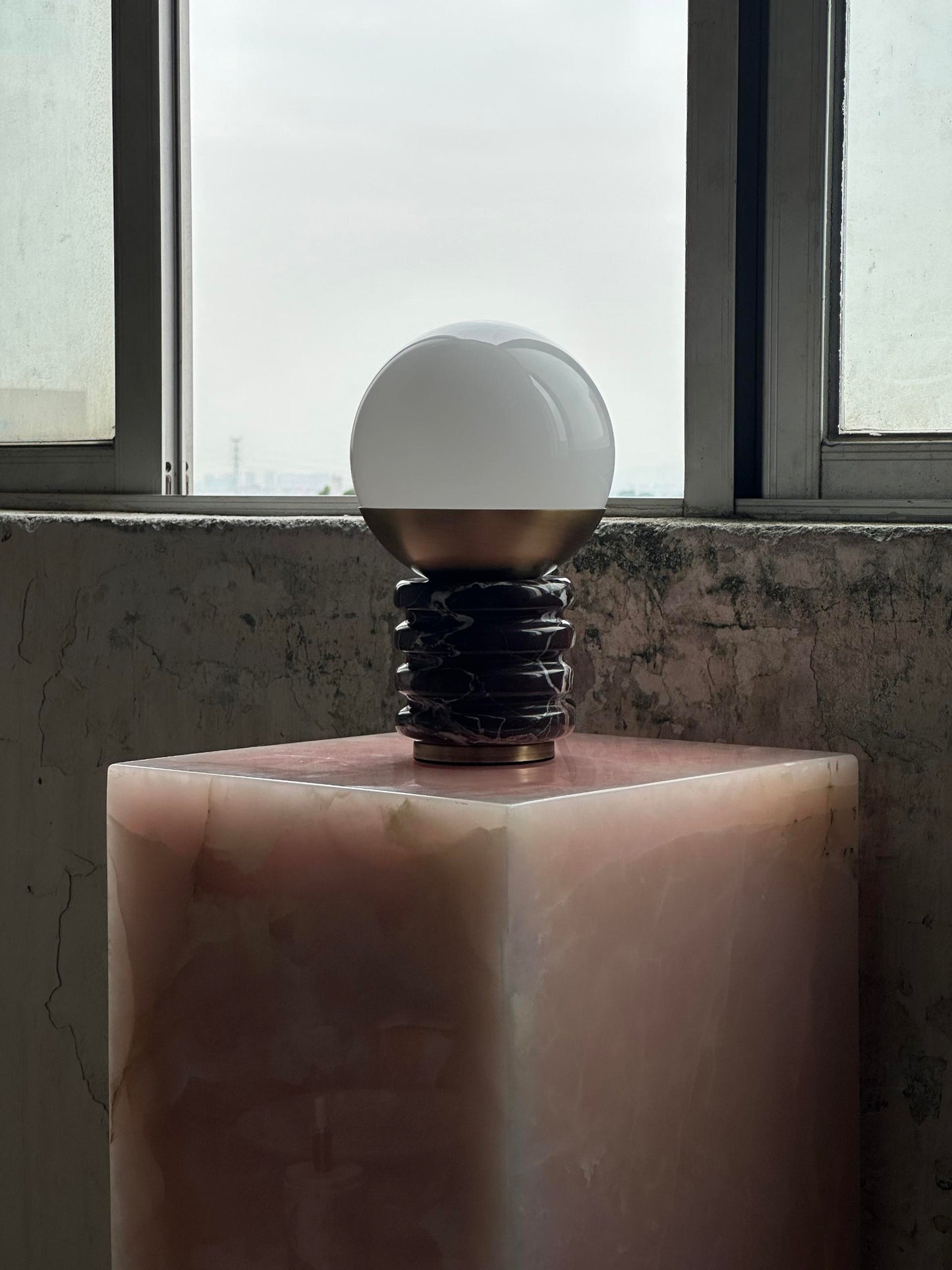 Sylvia Table Lamp - Ridged Marble & White Glass Globe Accent Light | Modern Antique Brass Desk Lamp