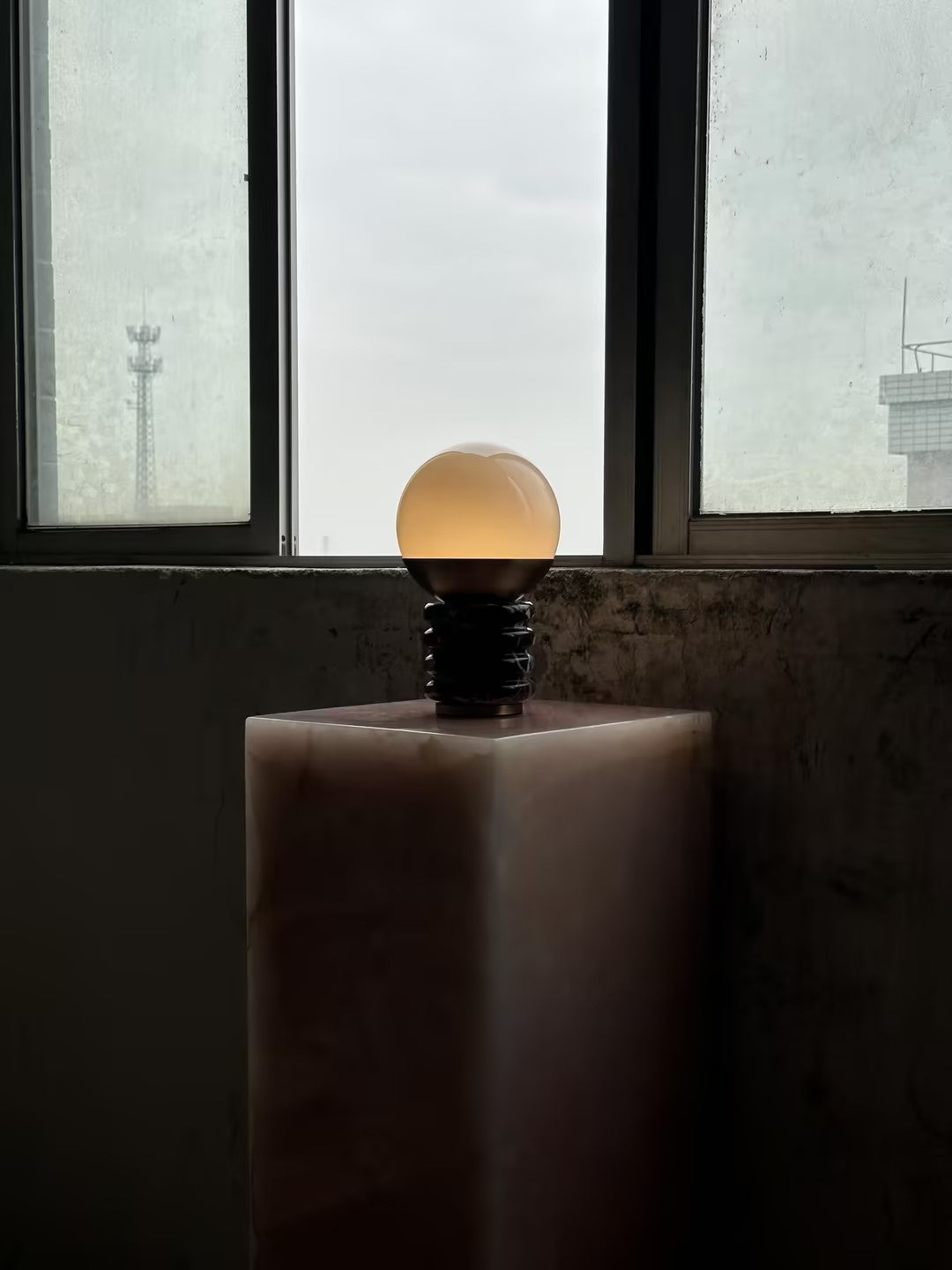 Sylvia Table Lamp - Ridged Marble & White Glass Globe Accent Light | Modern Antique Brass Desk Lamp