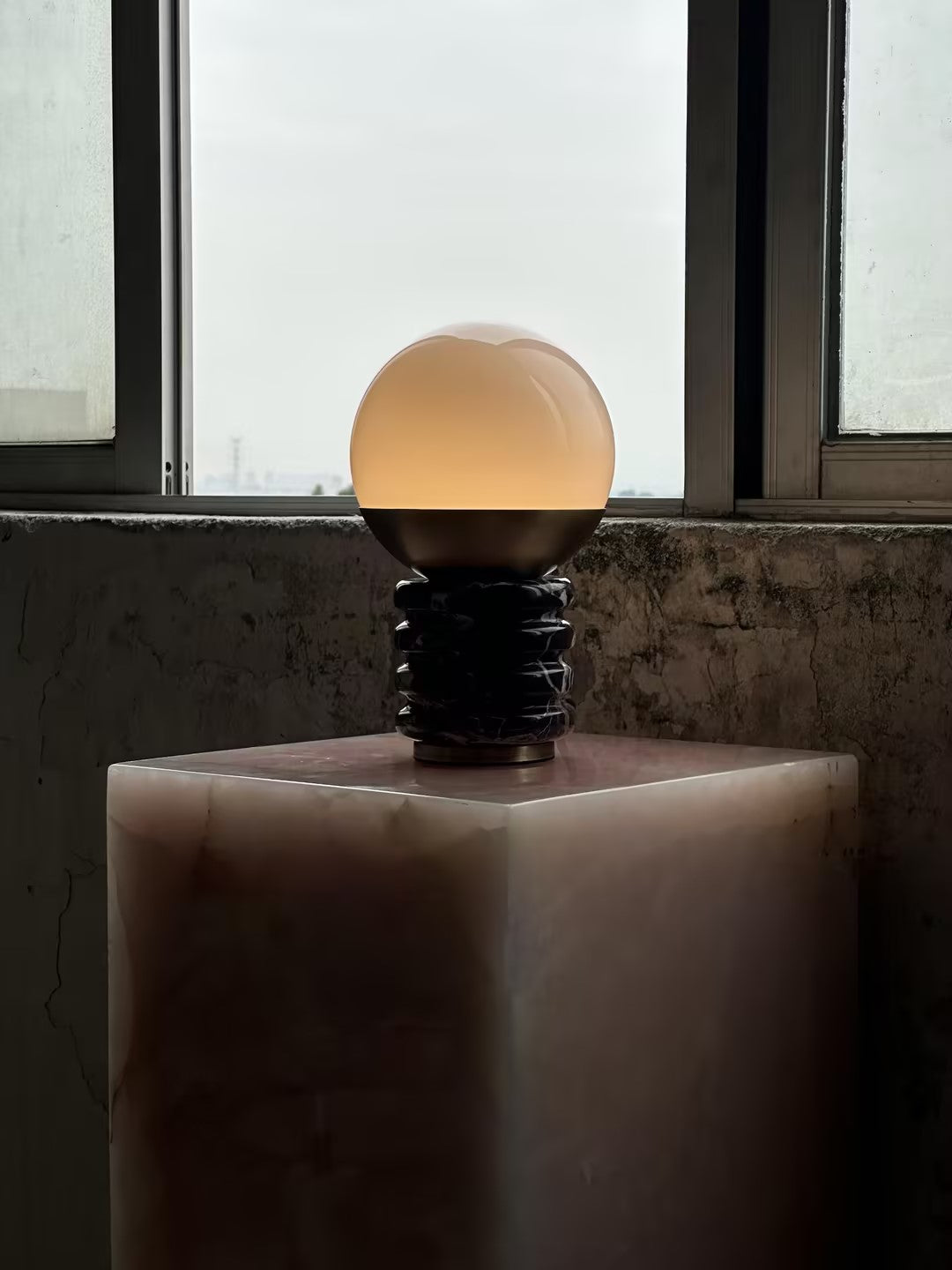 Sylvia Table Lamp - Ridged Marble & White Glass Globe Accent Light | Modern Antique Brass Desk Lamp