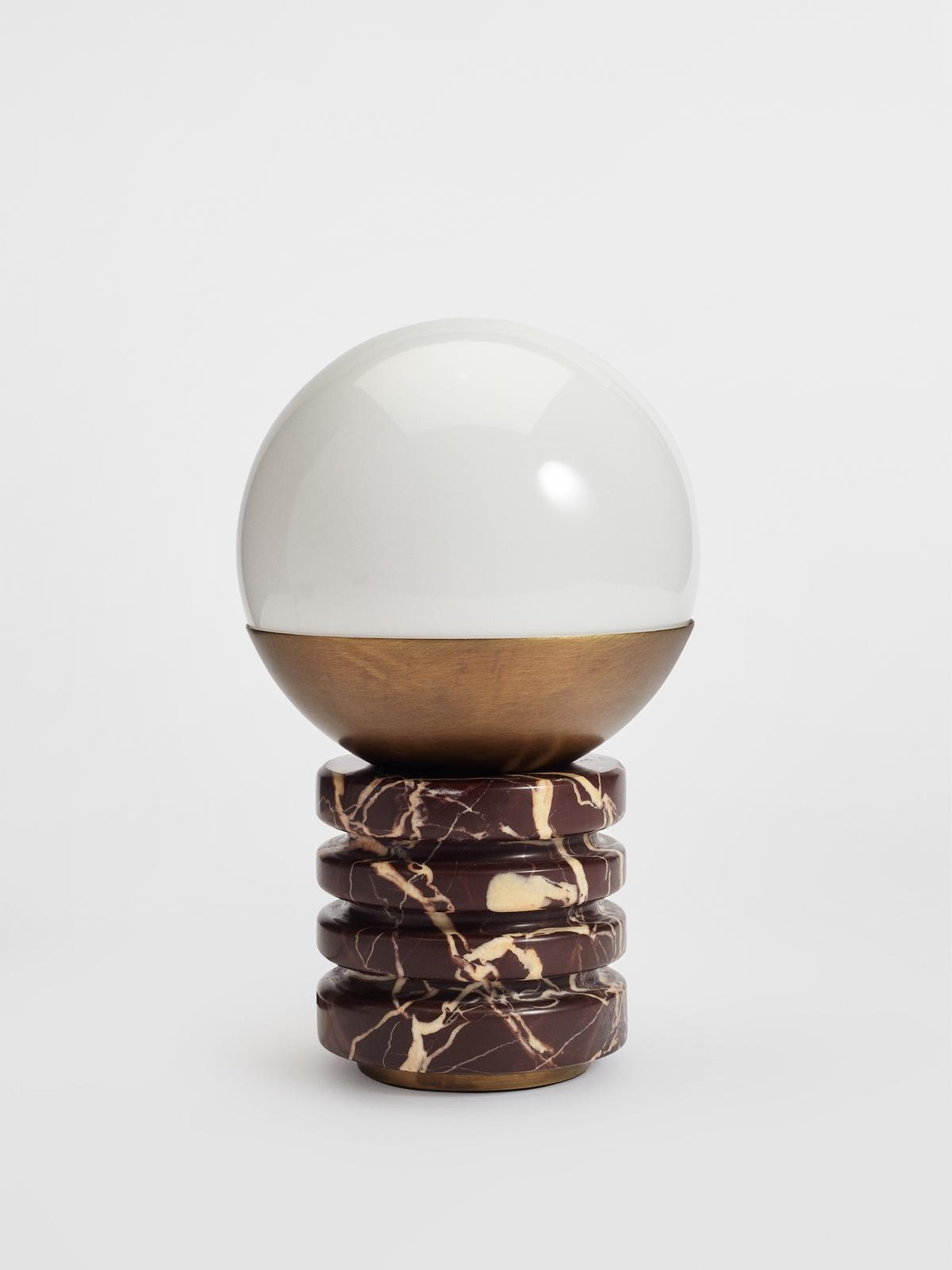 Sylvia Table Lamp - Ridged Marble & White Glass Globe Accent Light | Modern Antique Brass Desk Lamp