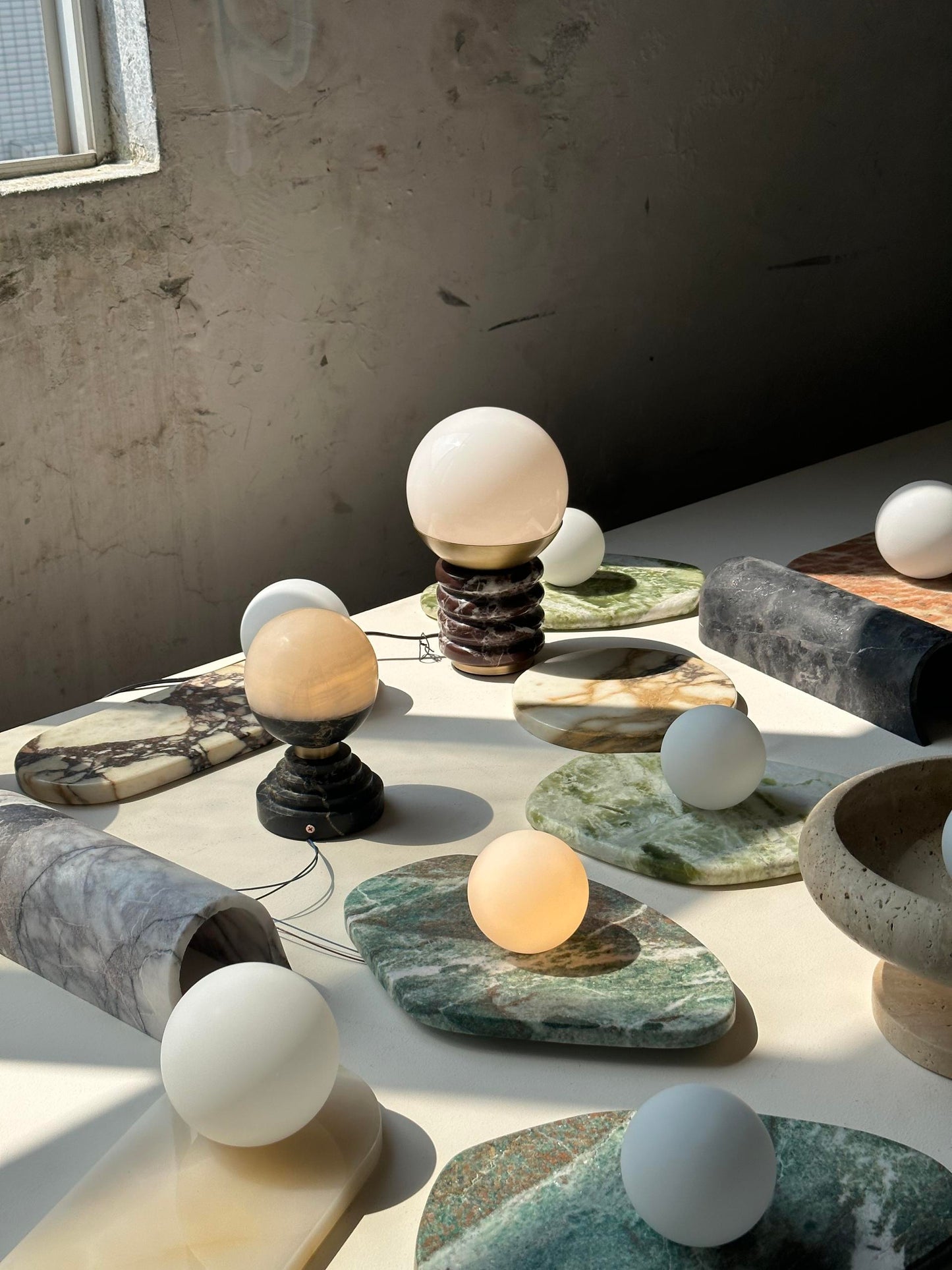 Sylvia Table Lamp - Ridged Marble & White Glass Globe Accent Light | Modern Antique Brass Desk Lamp