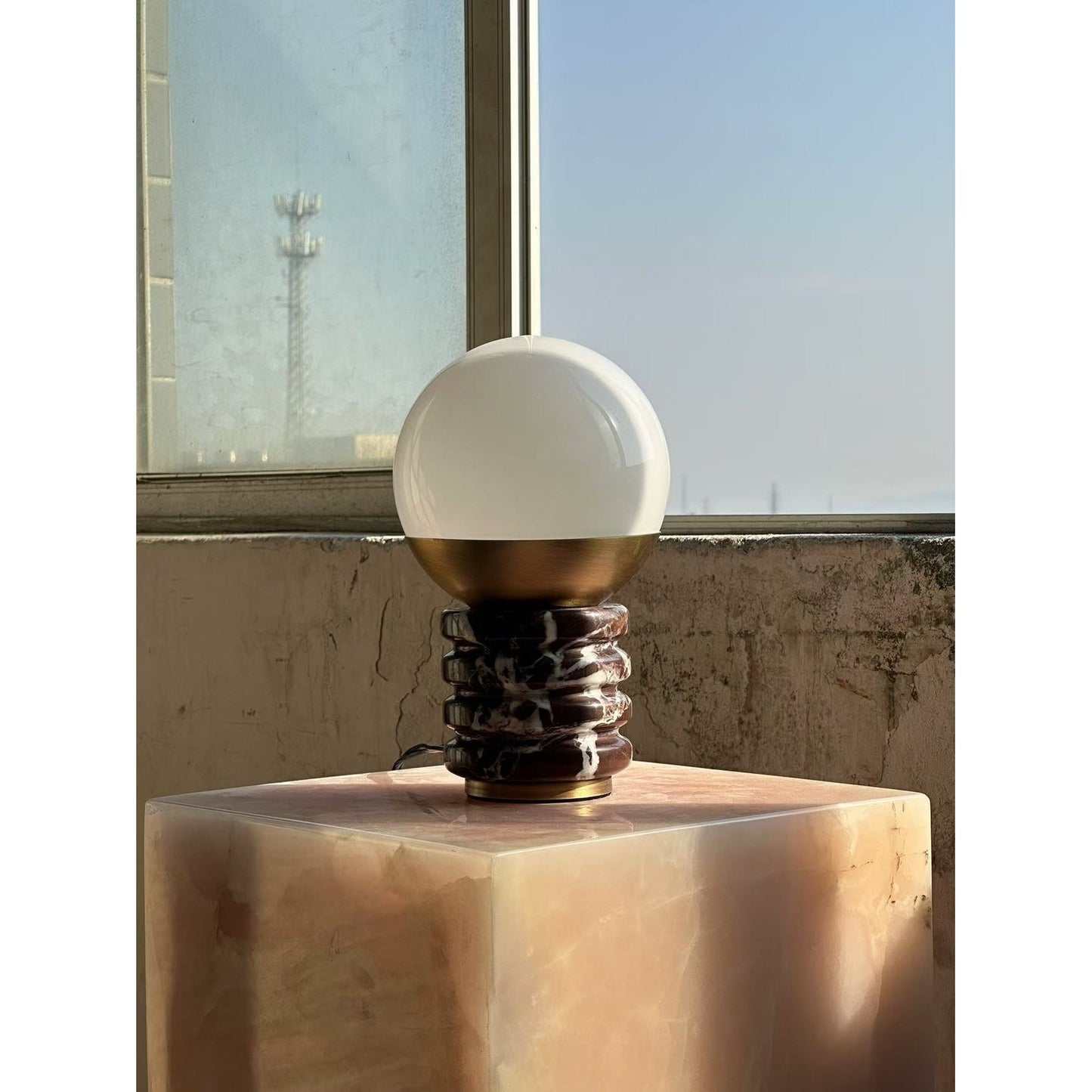 Sylvia Table Lamp - Ridged Marble & White Glass Globe Accent Light | Modern Antique Brass Desk Lamp