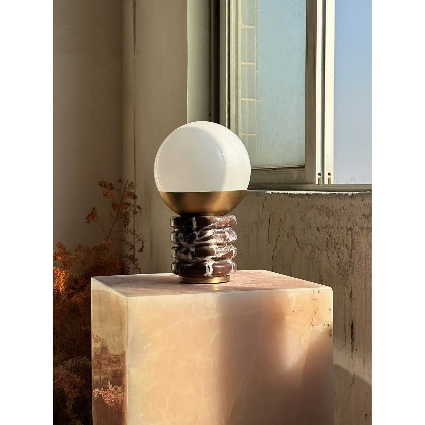 Sylvia Table Lamp - Ridged Marble & White Glass Globe Accent Light | Modern Antique Brass Desk Lamp