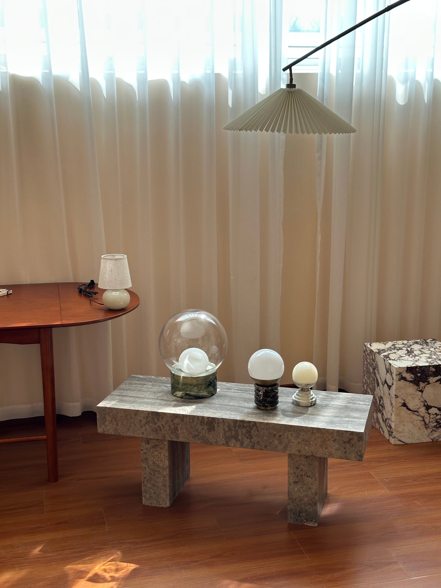 Sylvia Table Lamp - Ridged Marble & White Glass Globe Accent Light | Modern Antique Brass Desk Lamp